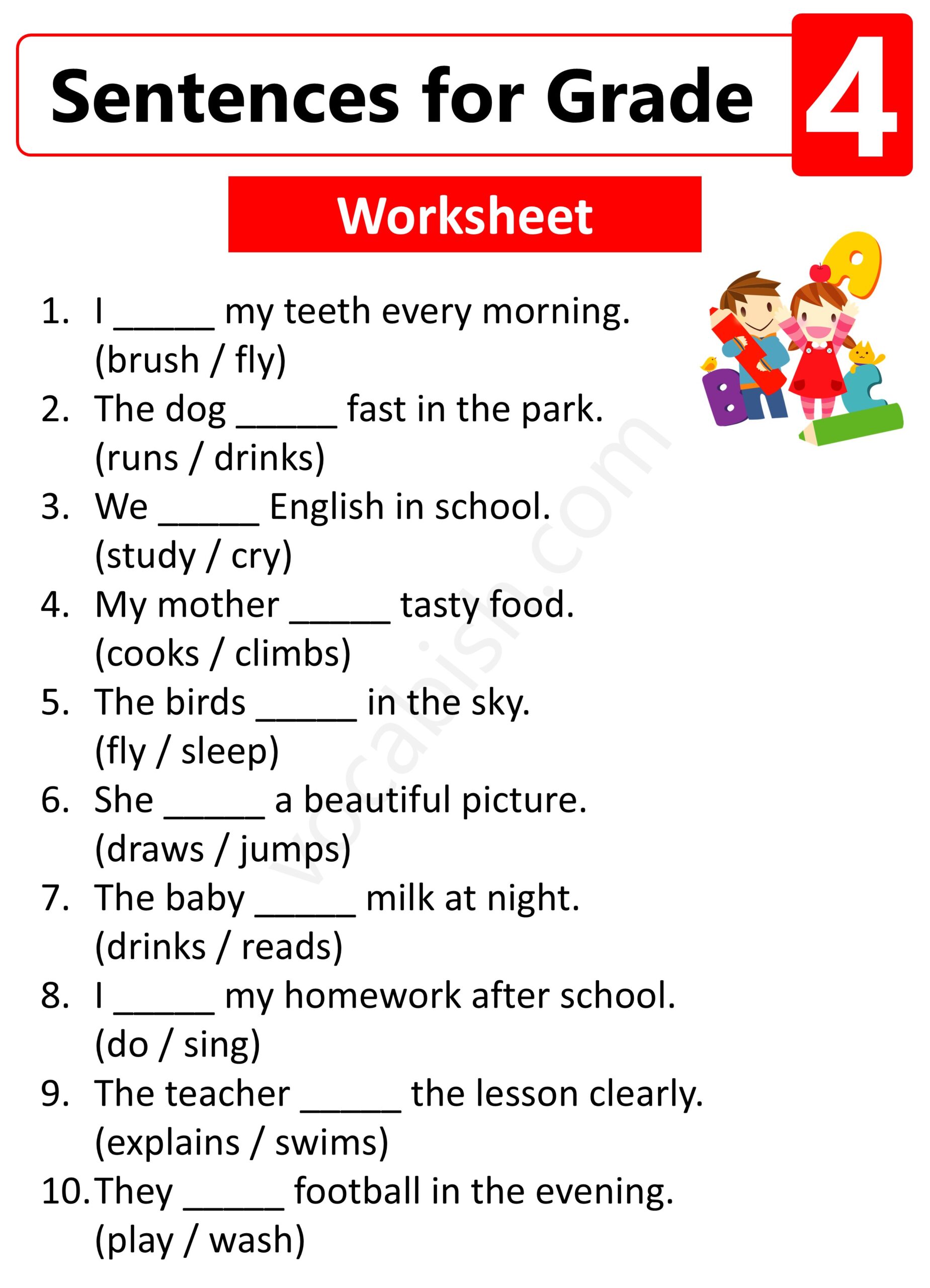 Sentences for Grade 4 Worksheet with Answers for Kids