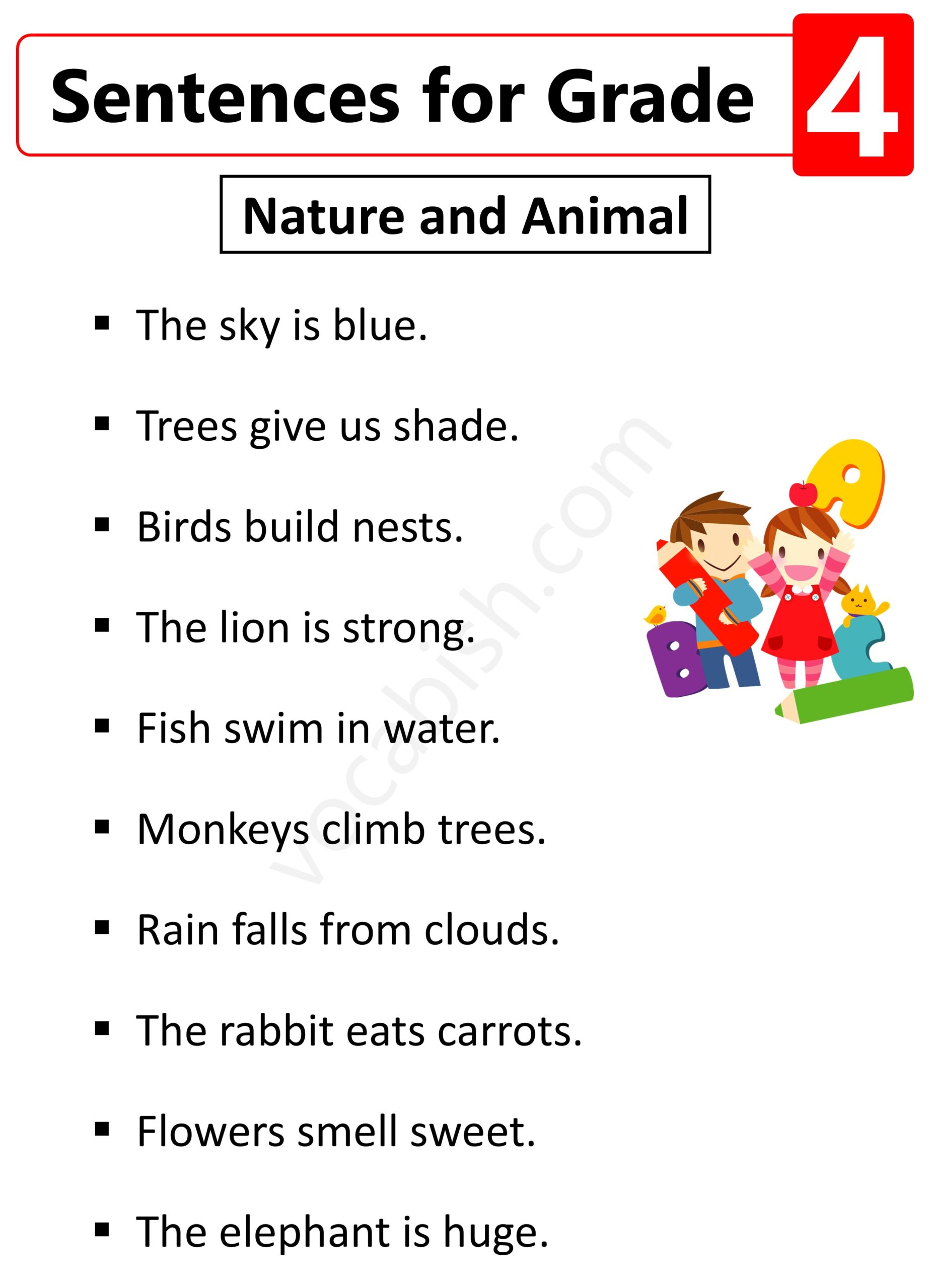 Sentences for Grade 4 for Nature and Animal