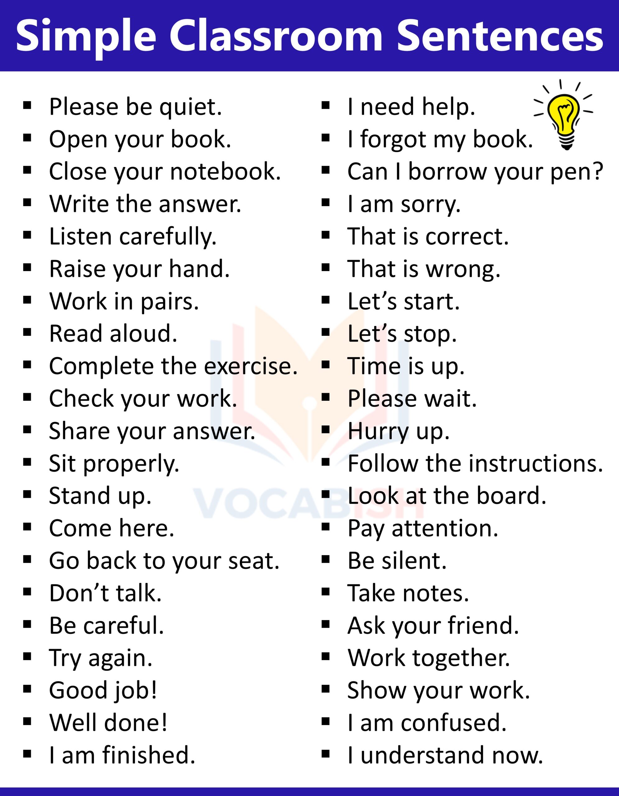 Simple Classroom Sentences for Kids