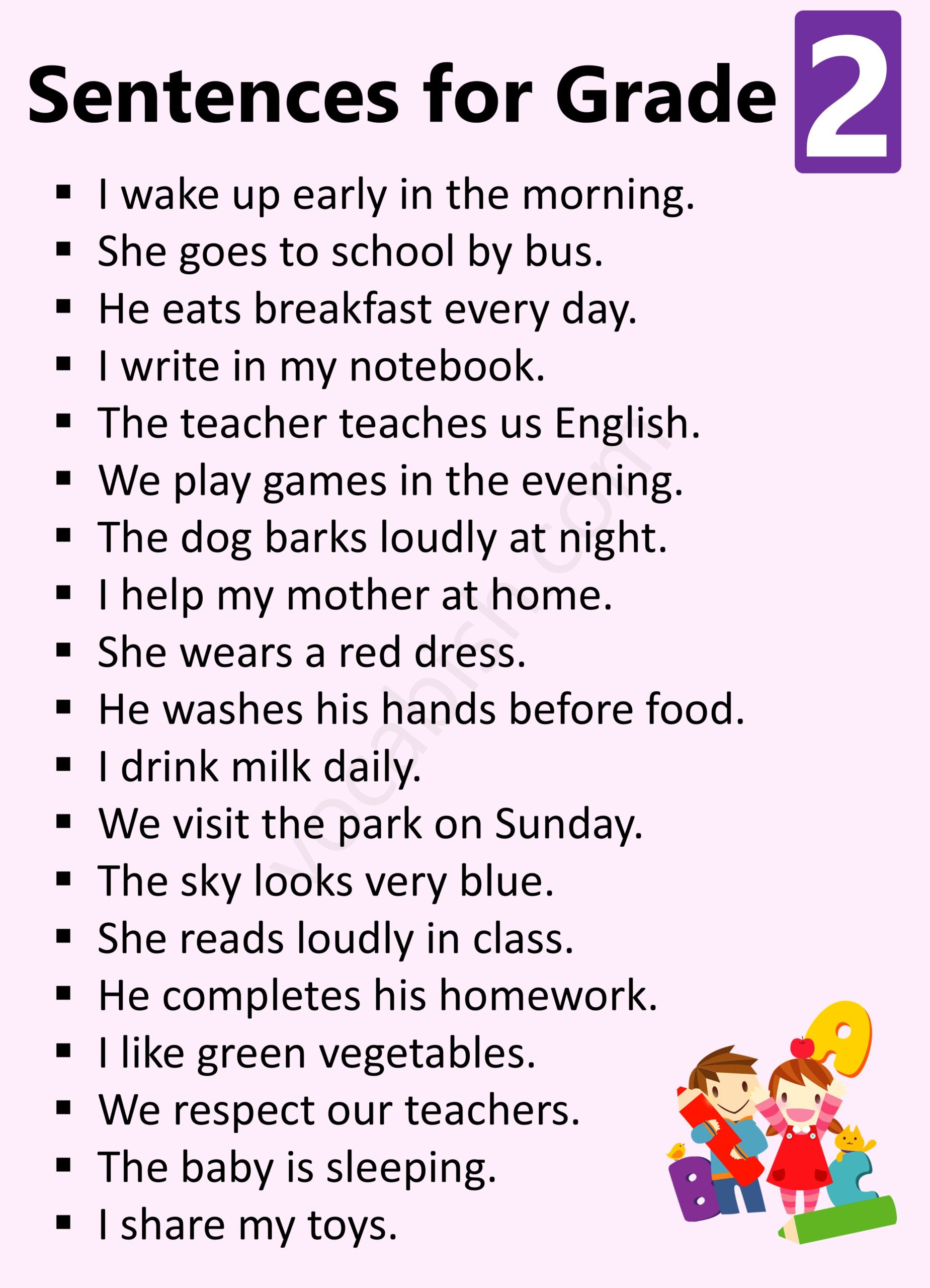 Simple Sentences Examples for Grade 2 Students