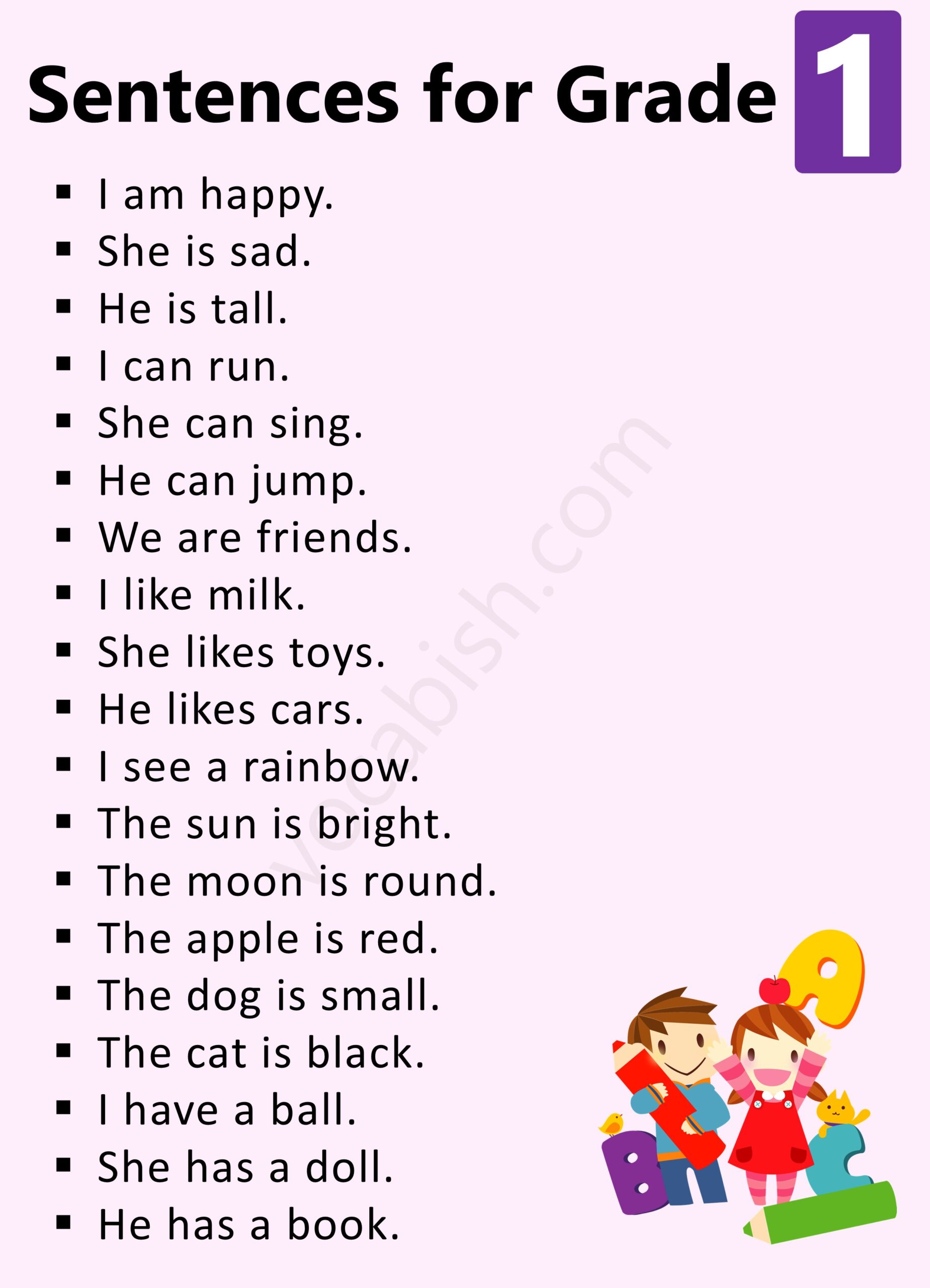 Simple Sentences for 1st Grade Students in English