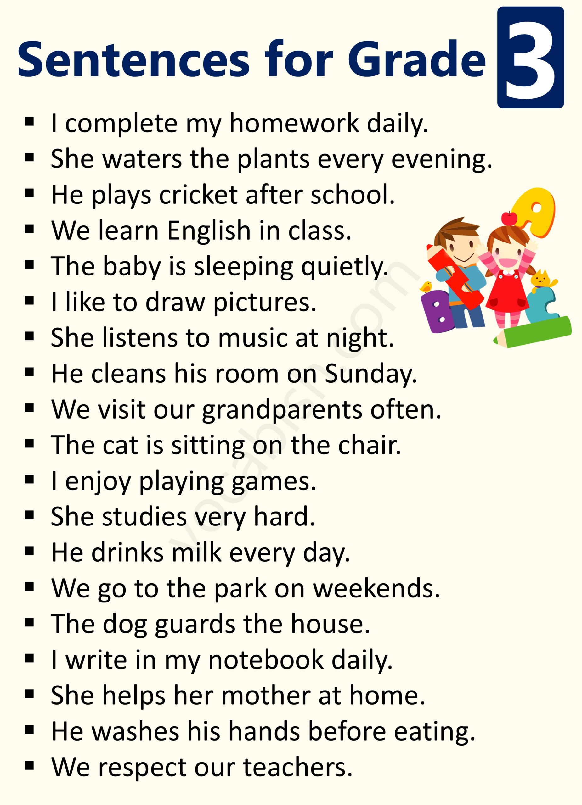 Simple Sentences for 3rd Class Students