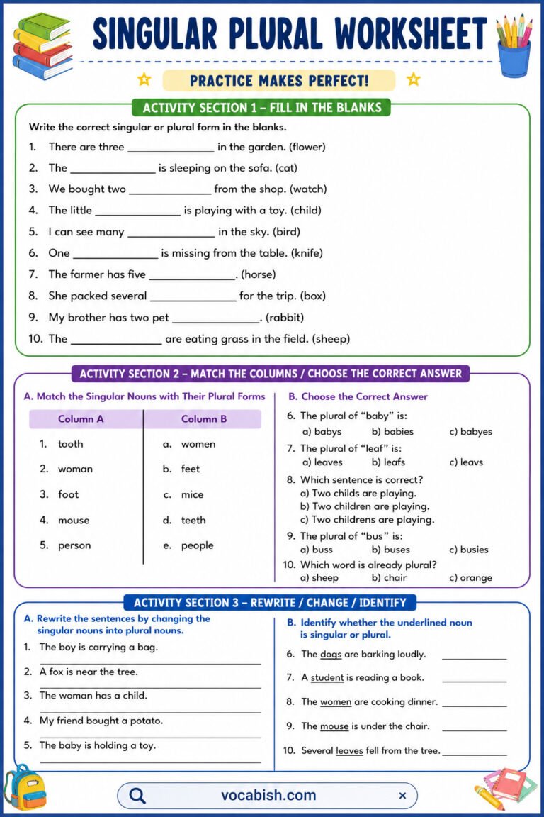 Singular Plural Worksheet with Answers and PDF | Vocabish