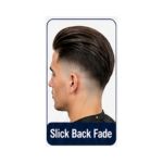 Slick back fade hairstyle with hair brushed backwards and neatly blended faded sides.