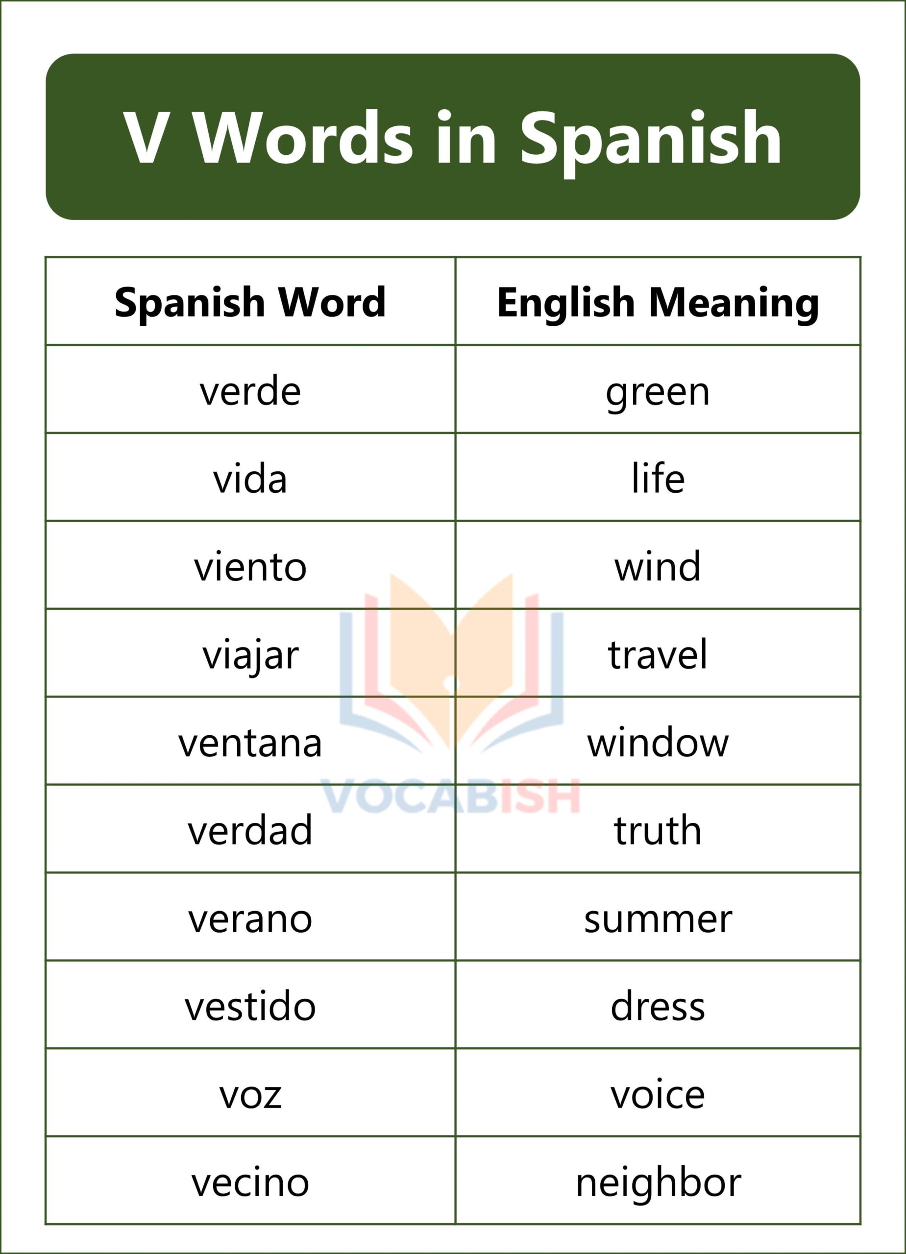 Spanish Words that Start with V