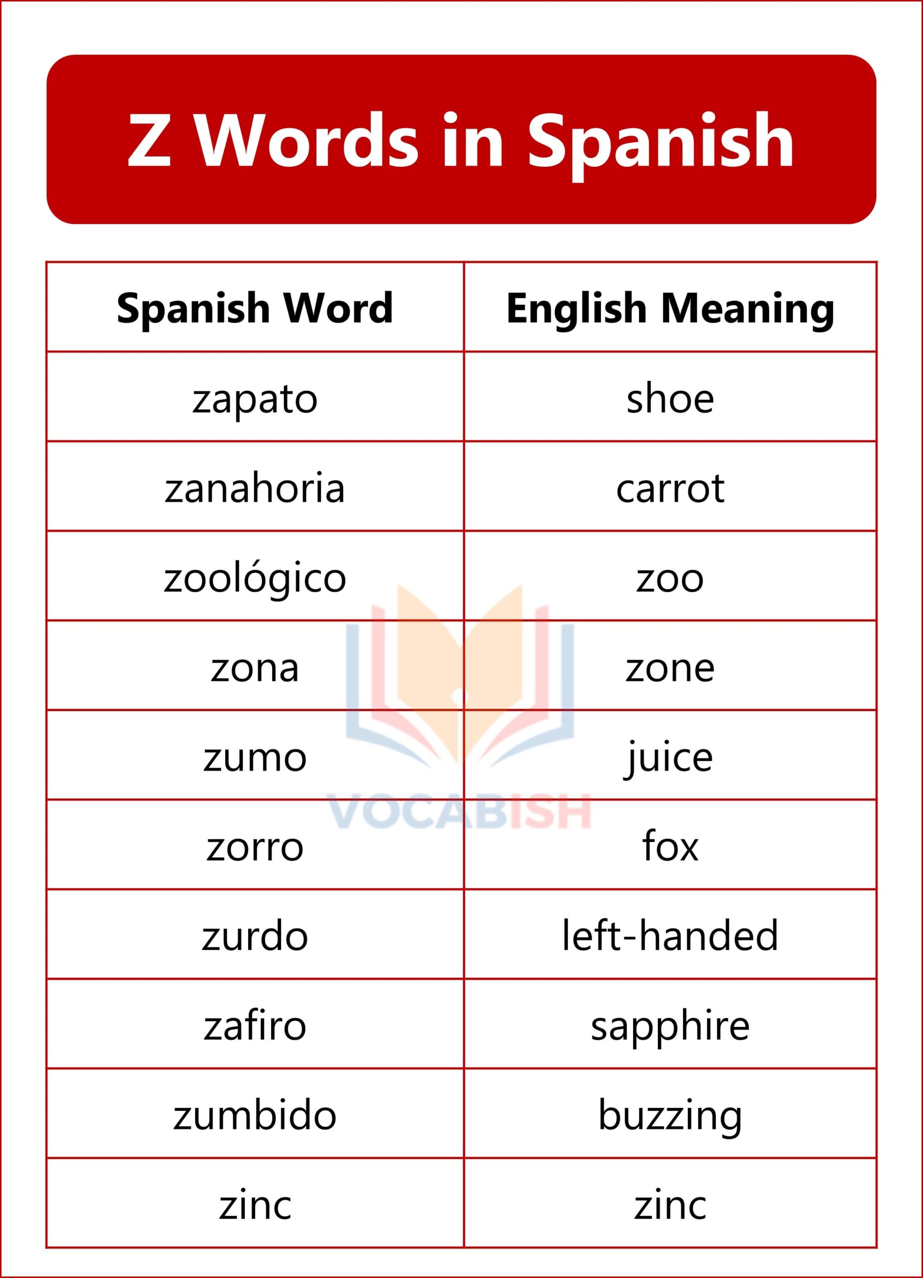 Spanish Words that Start with Z