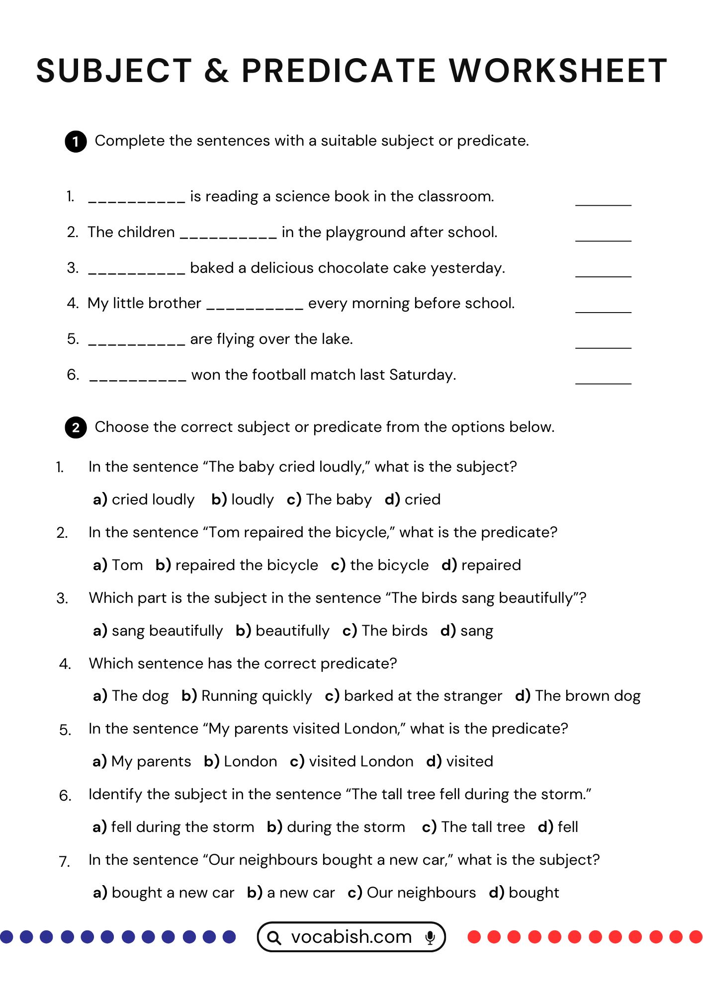Subject and Predicate Worksheet