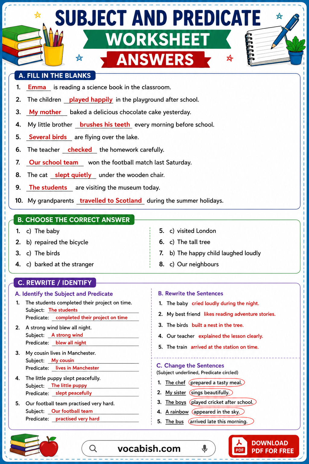 Subject and Predicate Worksheets Answers