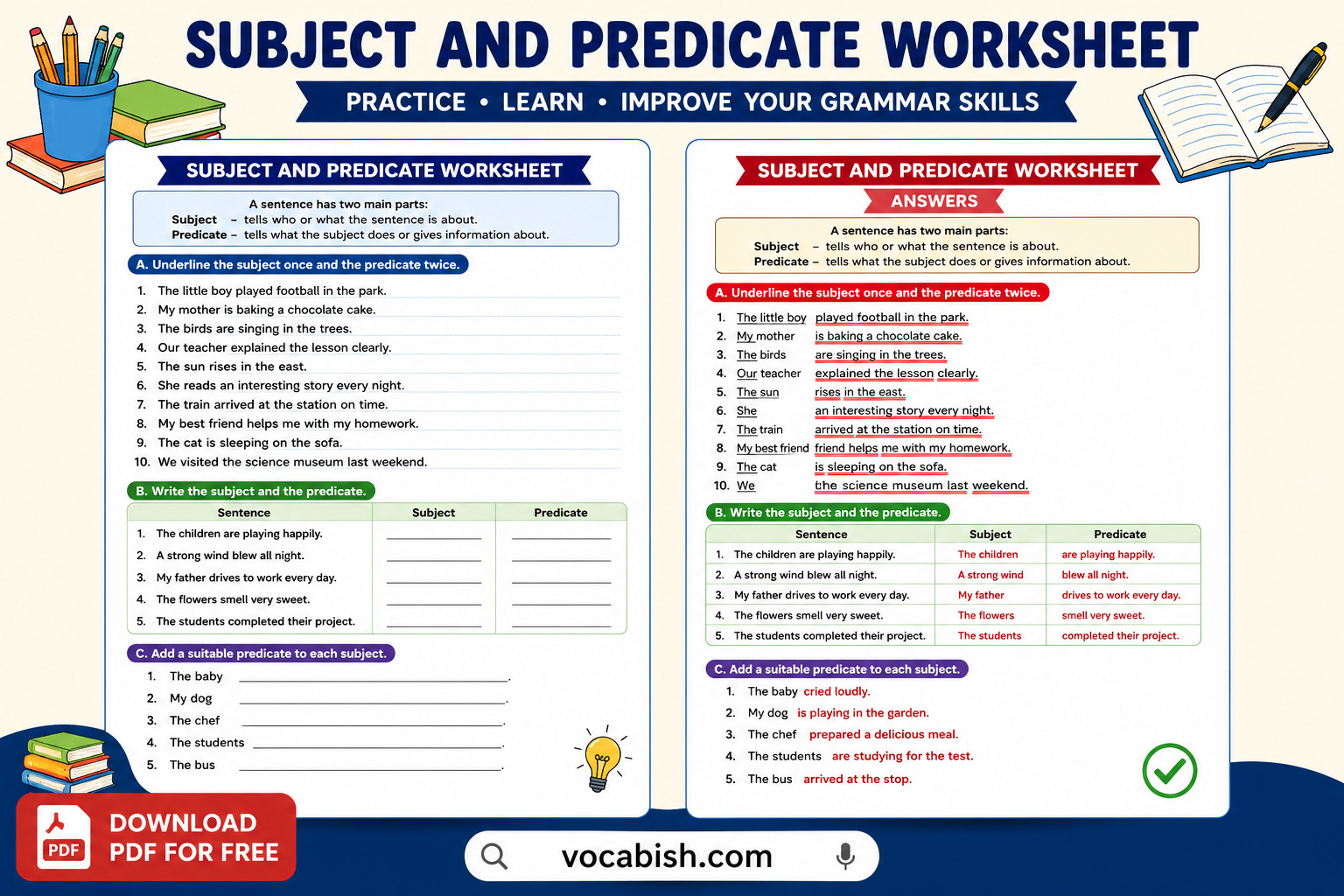 Subject and Predicate Worksheets with Answers