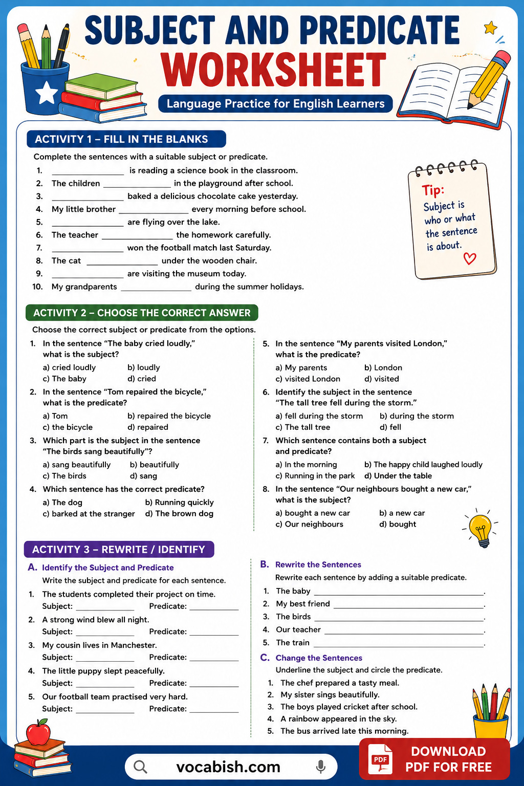 Subject and Predicate Worksheets