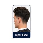 Classic taper fade haircut with gradual fading near the neckline and natural hair volume on top.