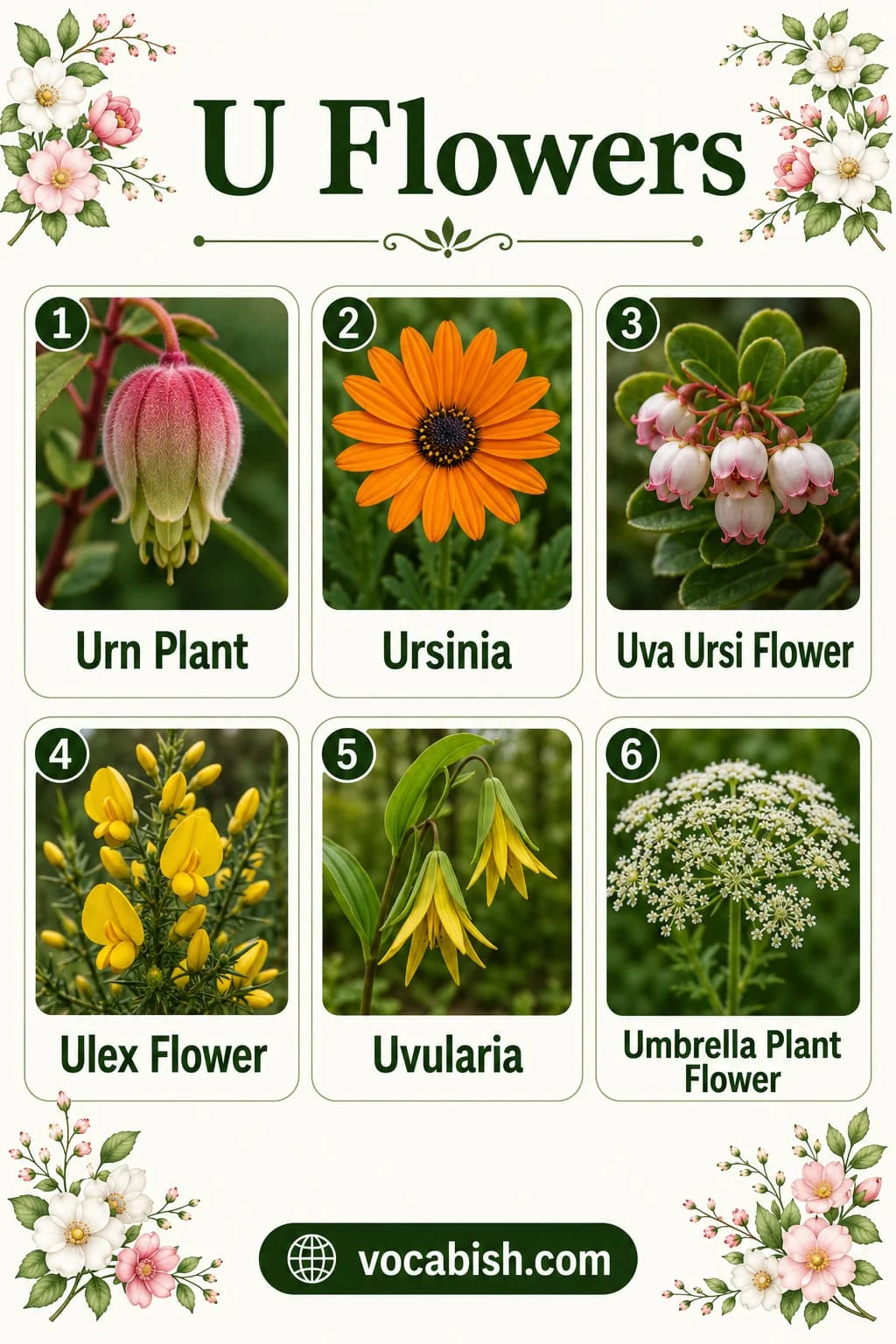 Different types of flowers starting with U including Urn Plant, Ursinia, Uva Ursi Flower, Ulex Flower, Uvularia, and Umbrella Plant Flower