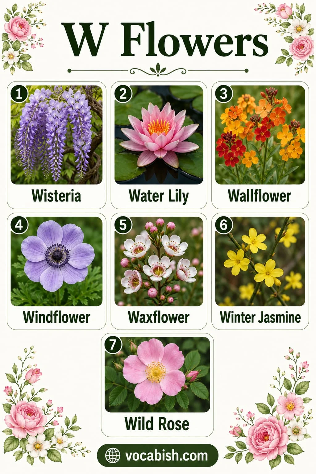 Common flowers starting with W including Wisteria, Water Lily, Wallflower, Windflower, Waxflower, Winter Jasmine, and Wild Rose