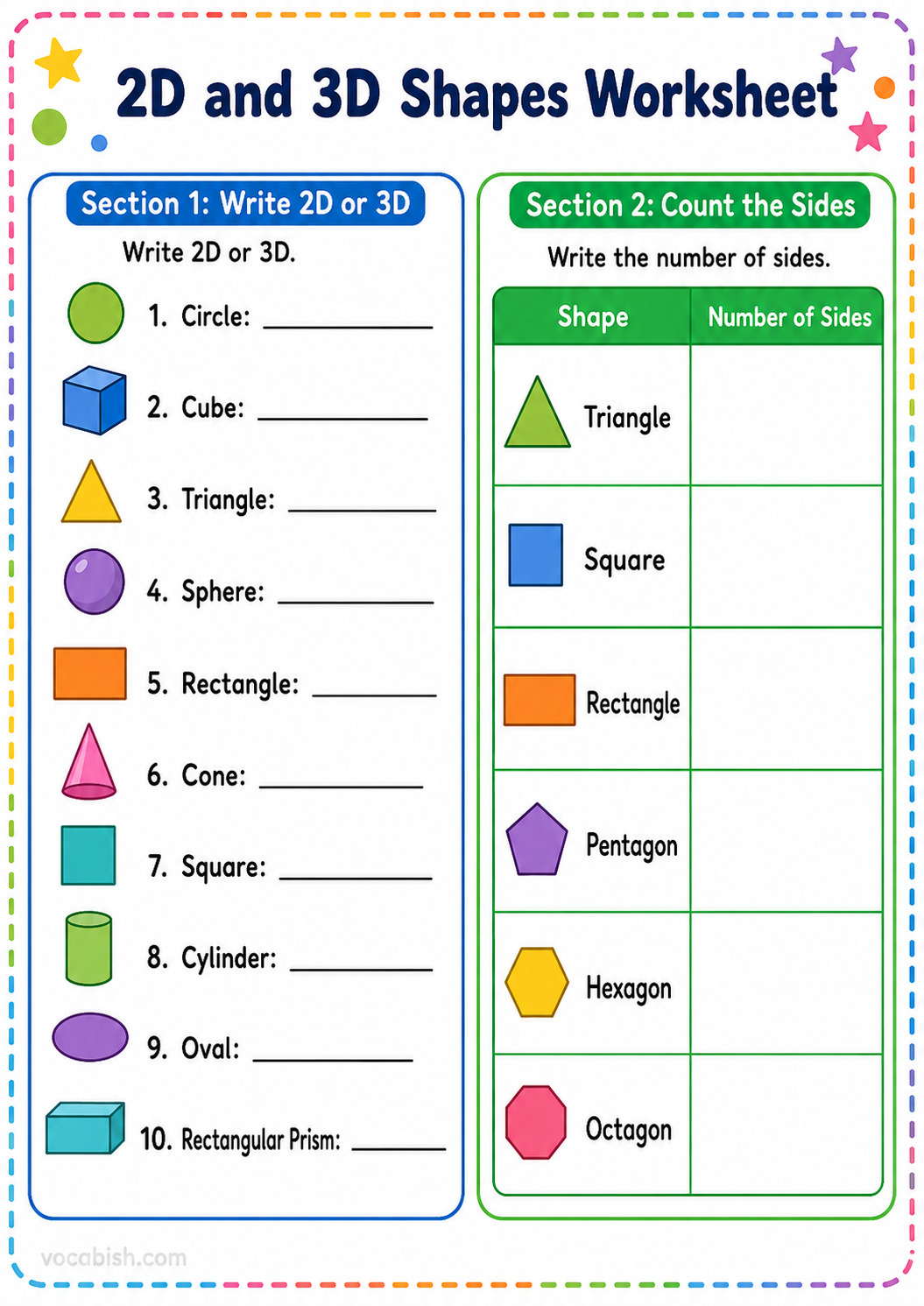 2D and 3D Shapes Worksheet with Answers and PDF for Kids