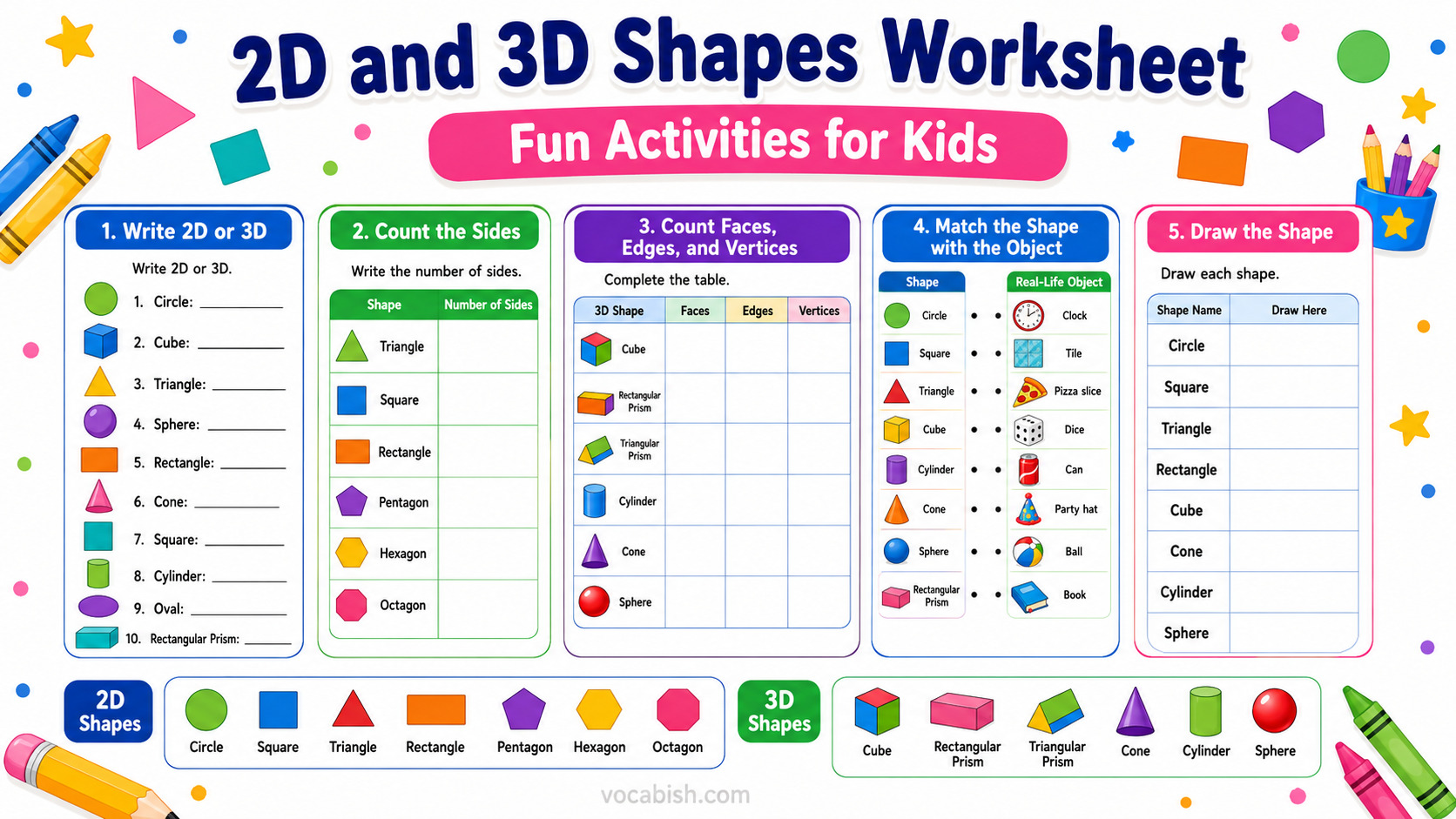 2D and 3D Shapes Worksheets with Answers and PDF