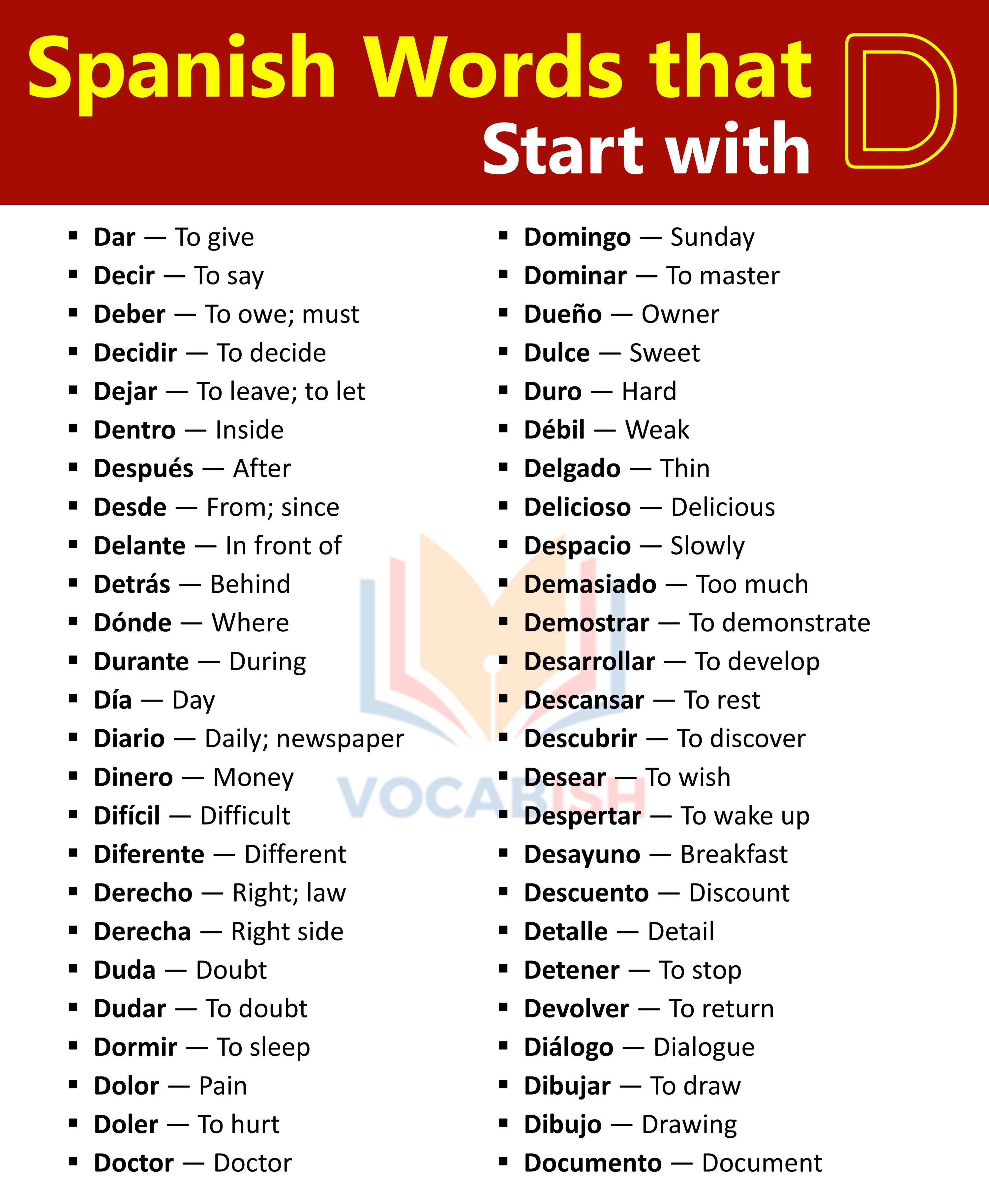 Common Spanish Words Starting with D and PDF