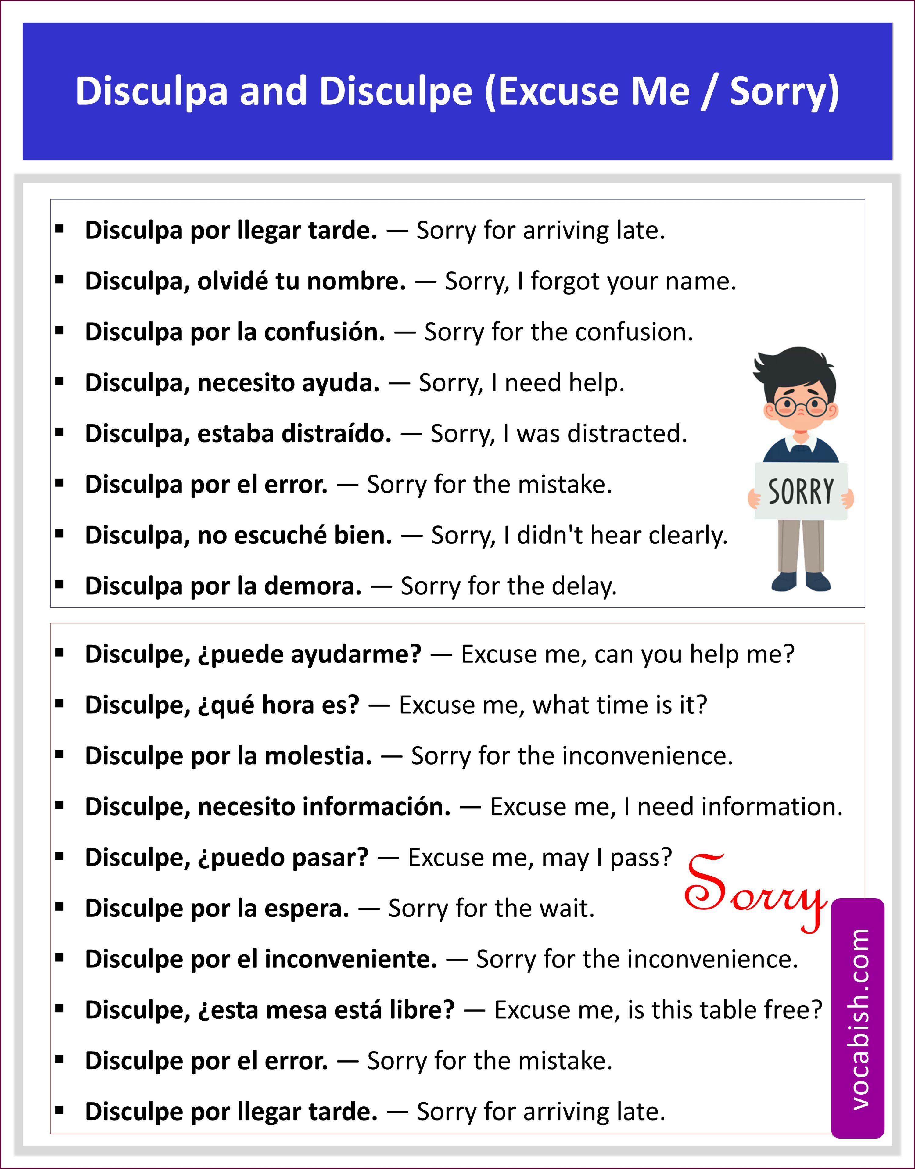 Examples of Disculpa and Disculpe with English Translation and Free PDF
