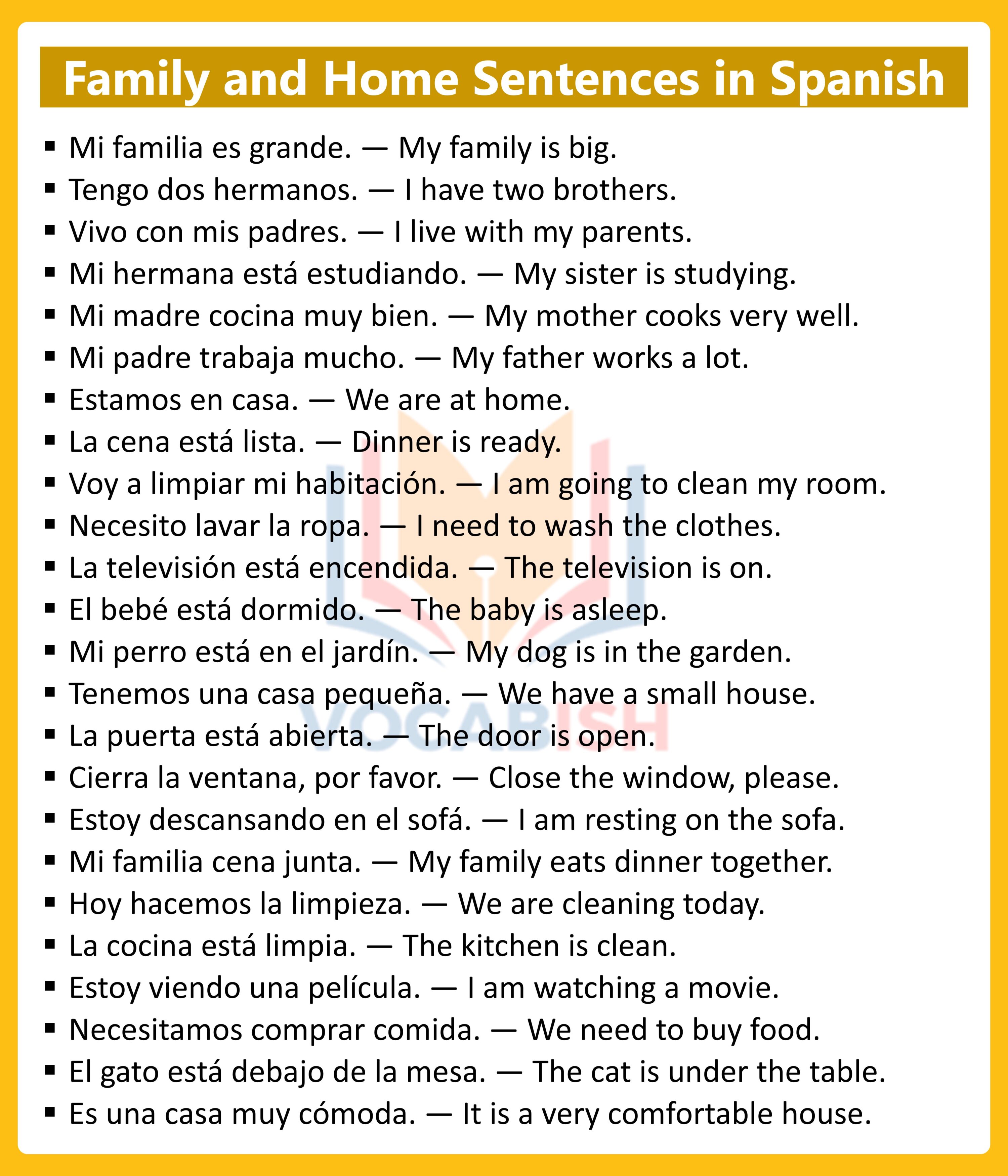 Family and Home Sentences in Spanish with PDF