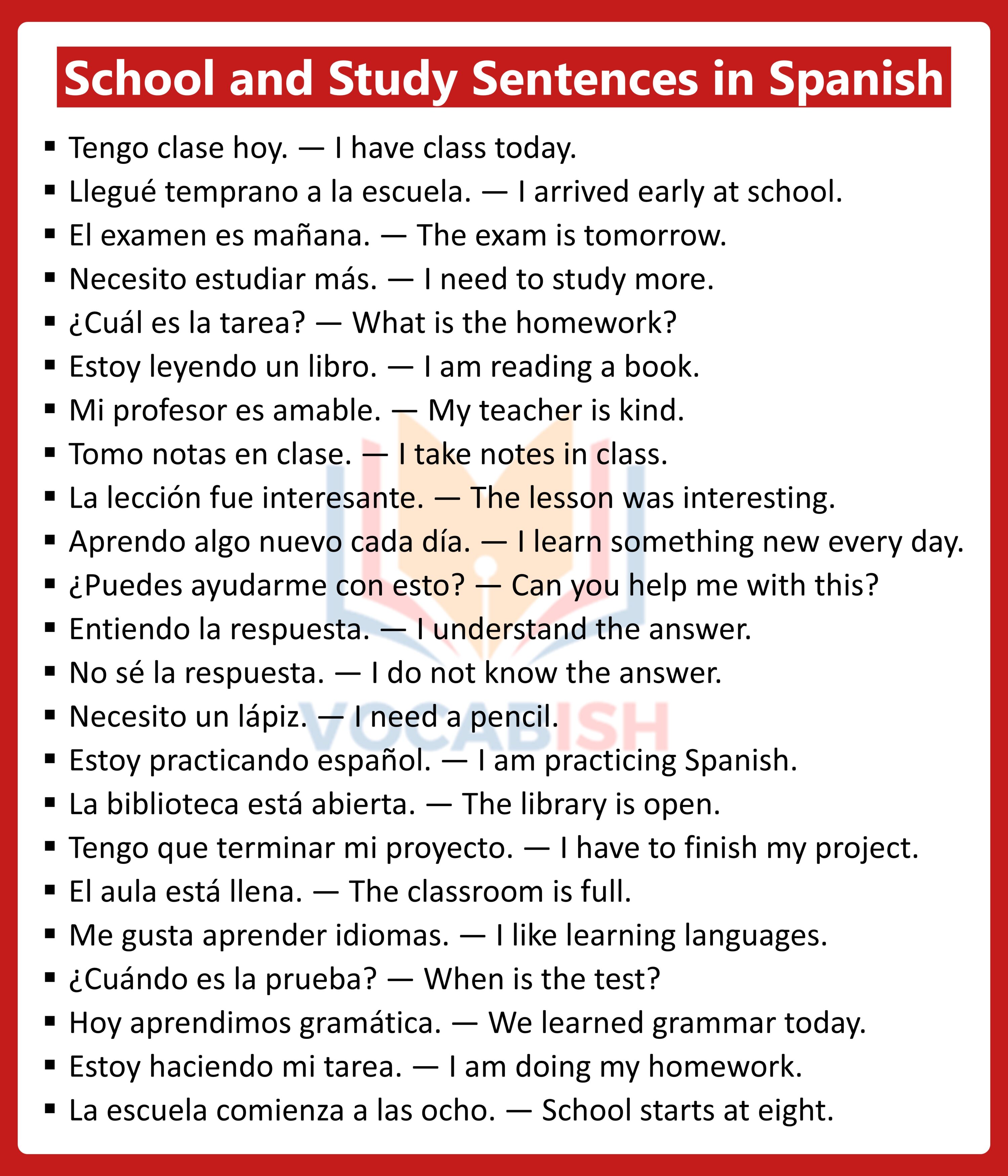 School and Study Sentences in Spanish with PDF