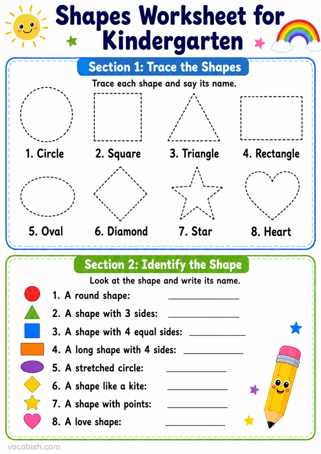 Shapes Worksheet for Kindergarten Section 1 and 2