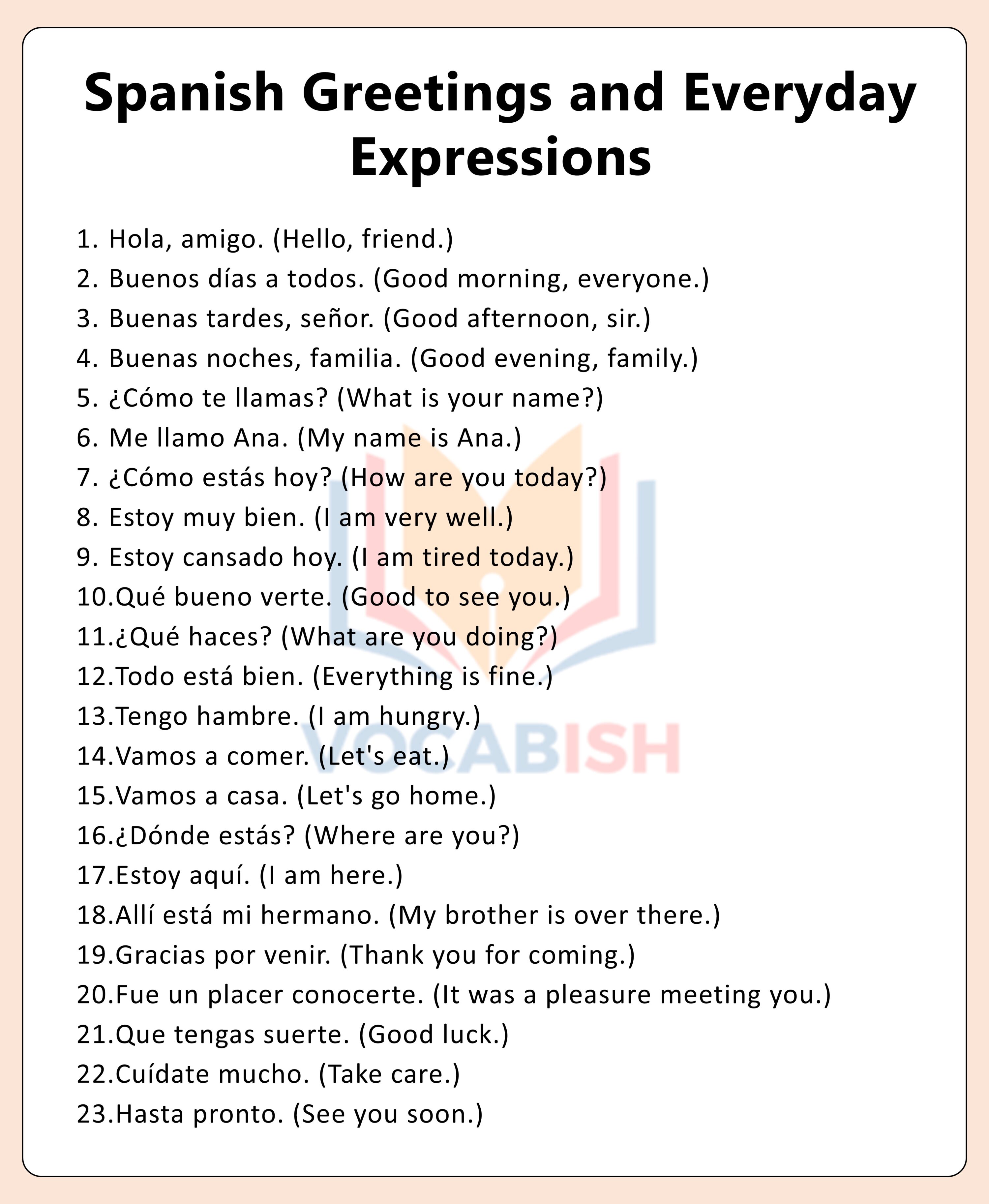 Spanish Greetings and Everyday Expressions with English Translations and PDF