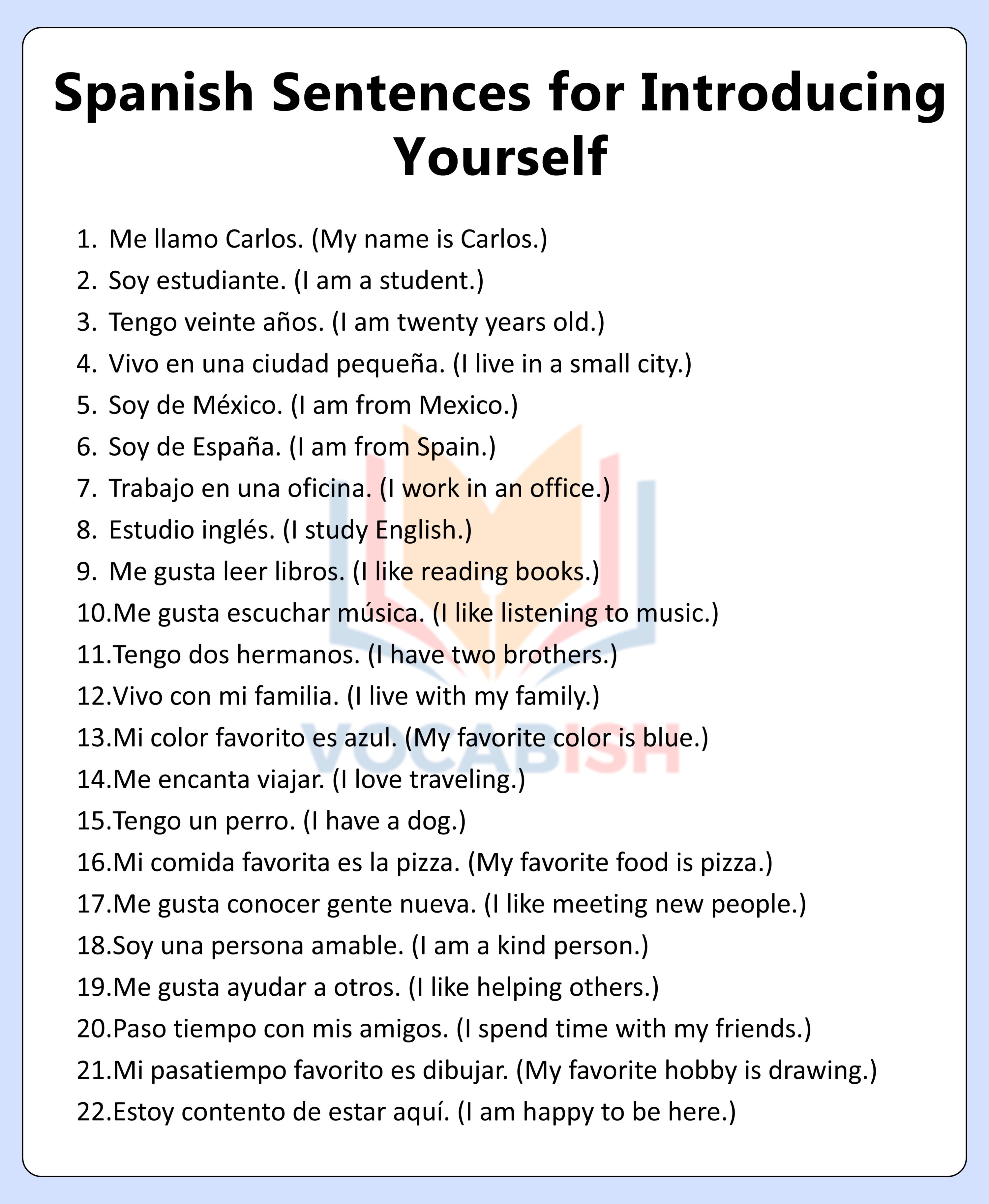 Spanish Sentences for Introducing Yourself with Translations and PDF