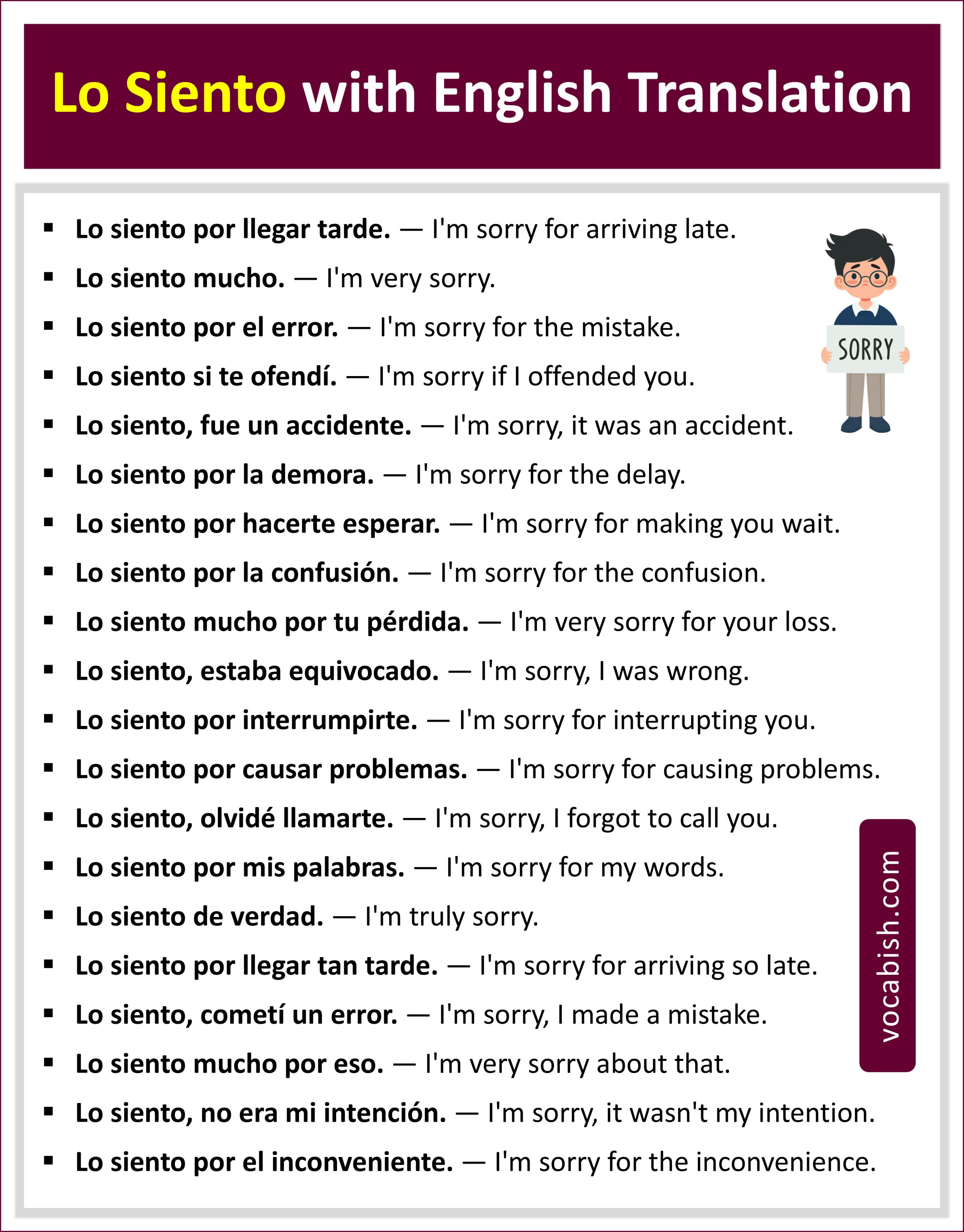Usage of Lo Siento with English Translation and PDF
