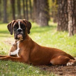 Boxer dog with a muscular build, short coat, square muzzle, and expressive face.