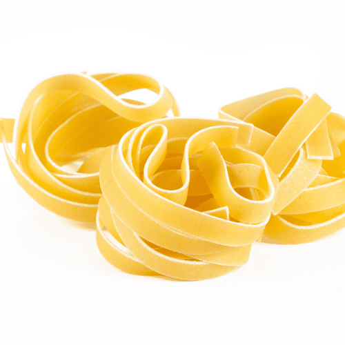 Linguine pasta with long, narrow, flattened strands.