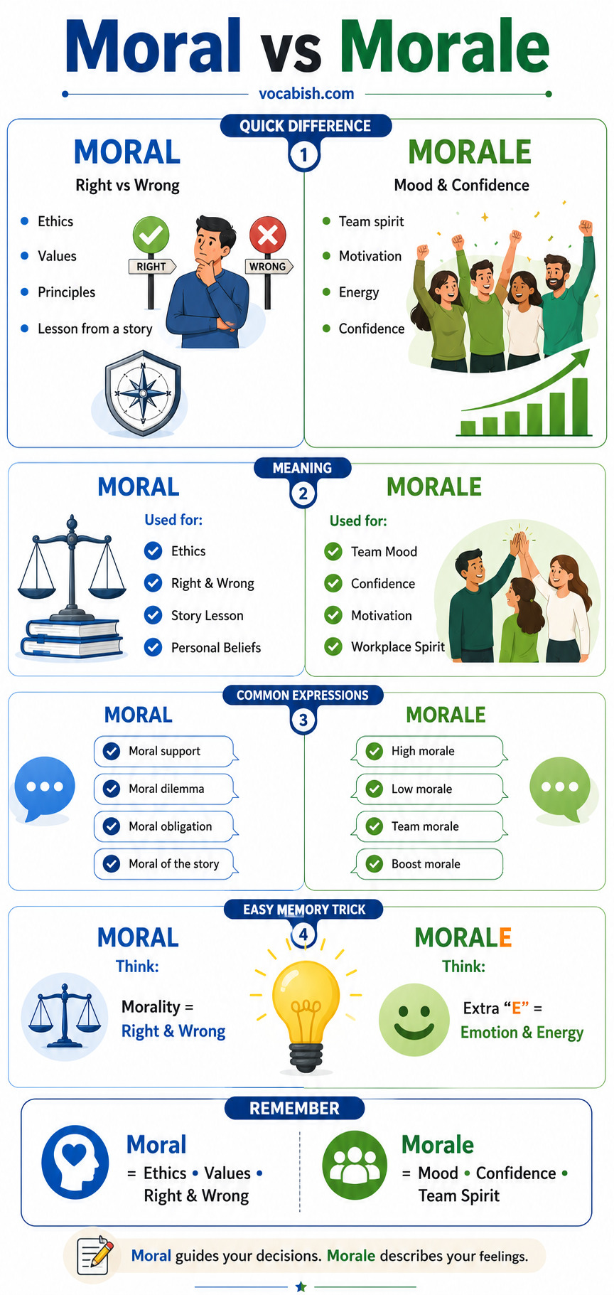 Differences between Moral and Morale Explained in English with Definitions and Examples in Sentences