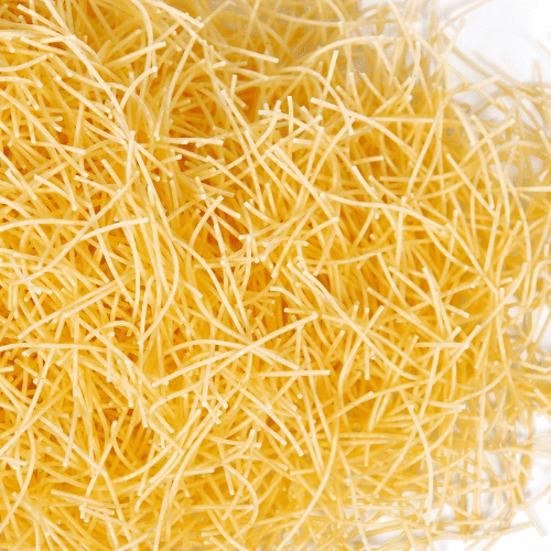 Vermicelli pasta with long, thin, round strands.