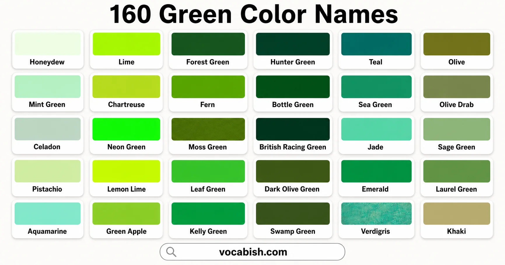 160 Green Color Names and Shades with PDF