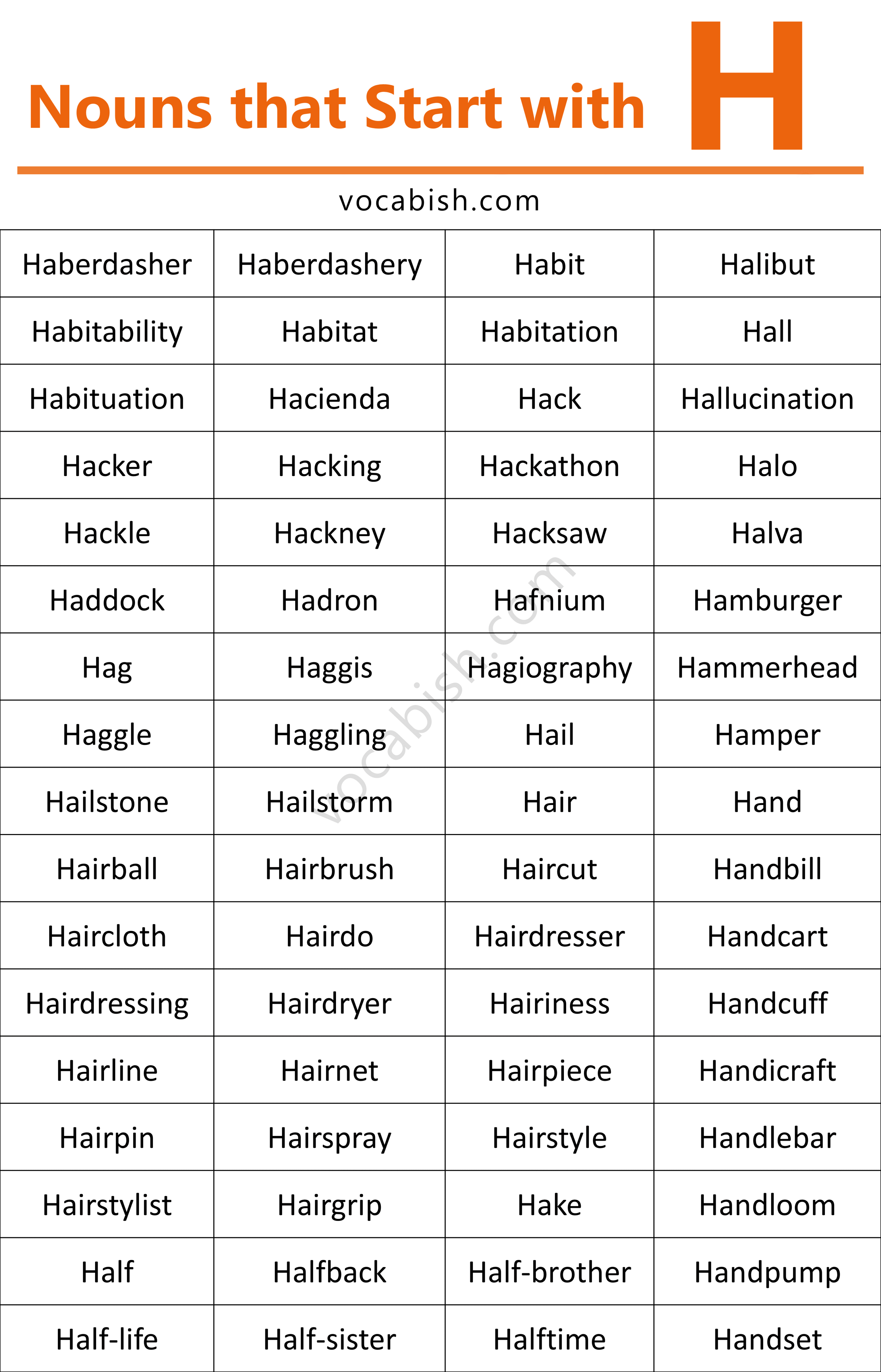 List of Noun Words Begin with H