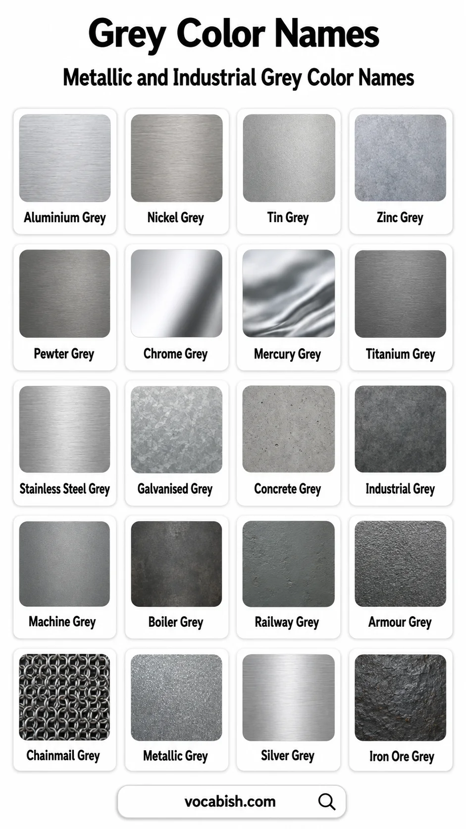 Metallic and Industrial Grey Color Names