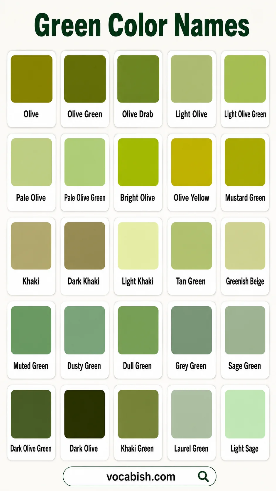 Names of Olive, Grey, and Muted Green Shades