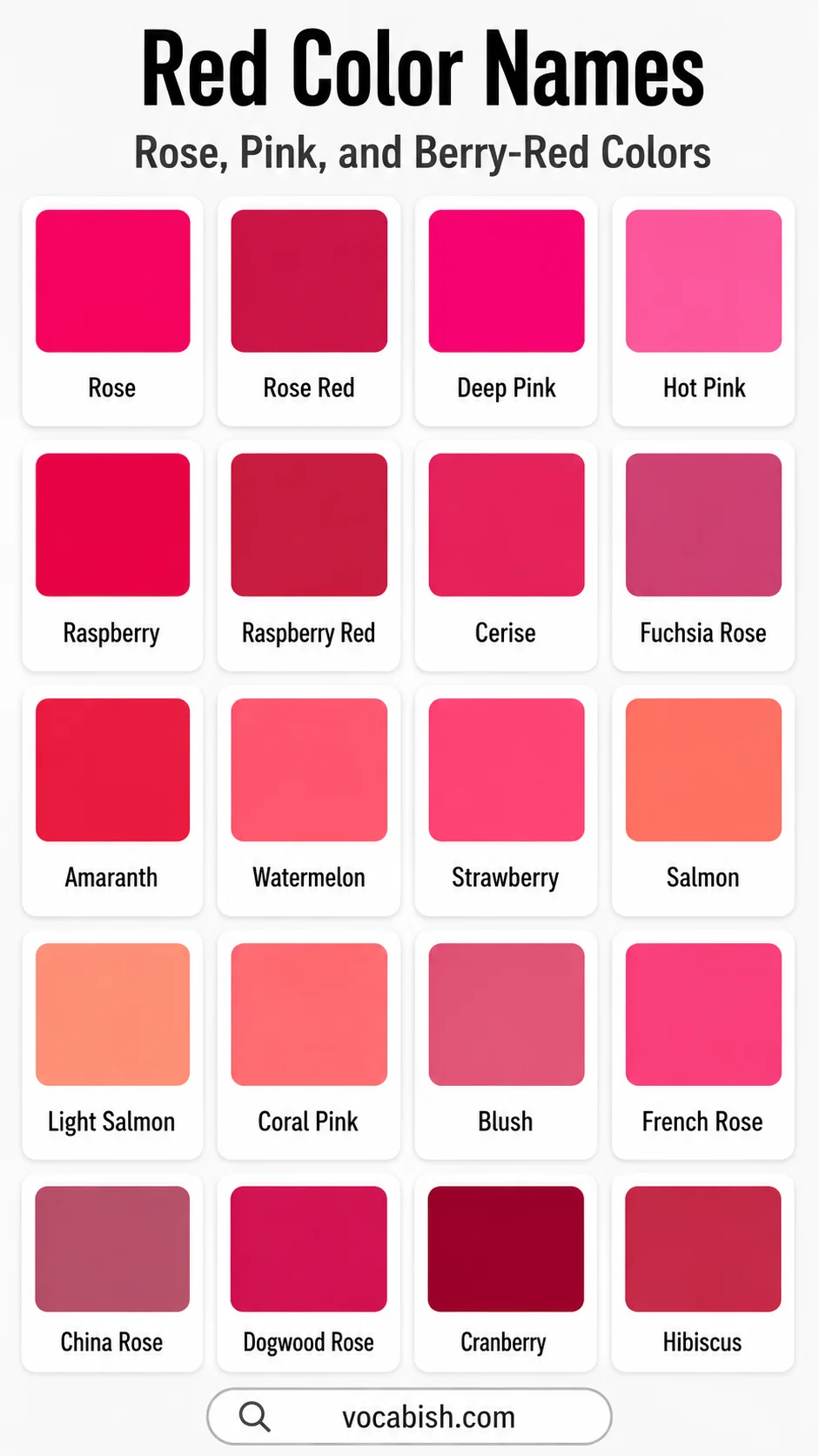 Names of Rose, Pink, and Berry-Red Colors