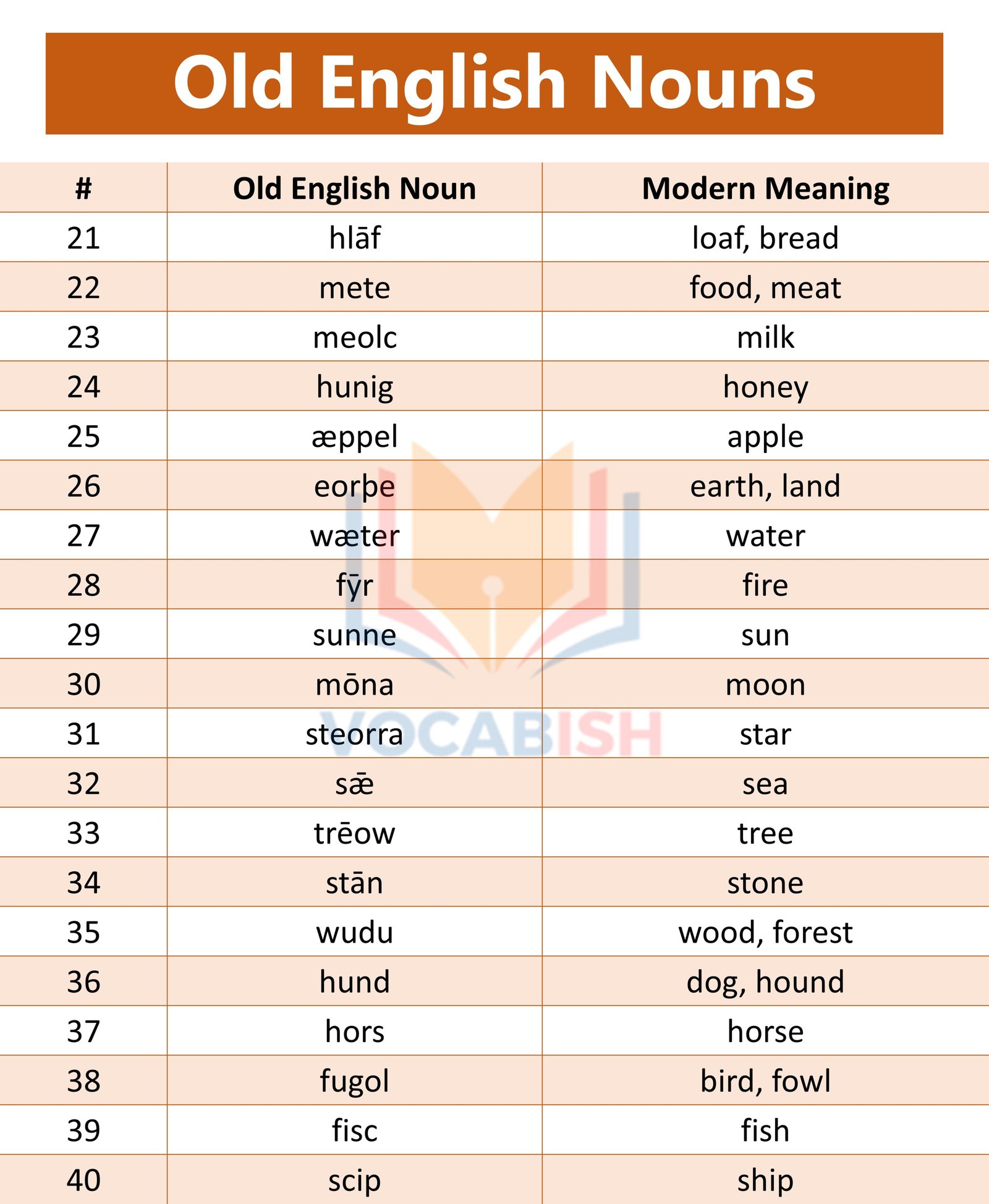 Old English Nouns with Meanings
