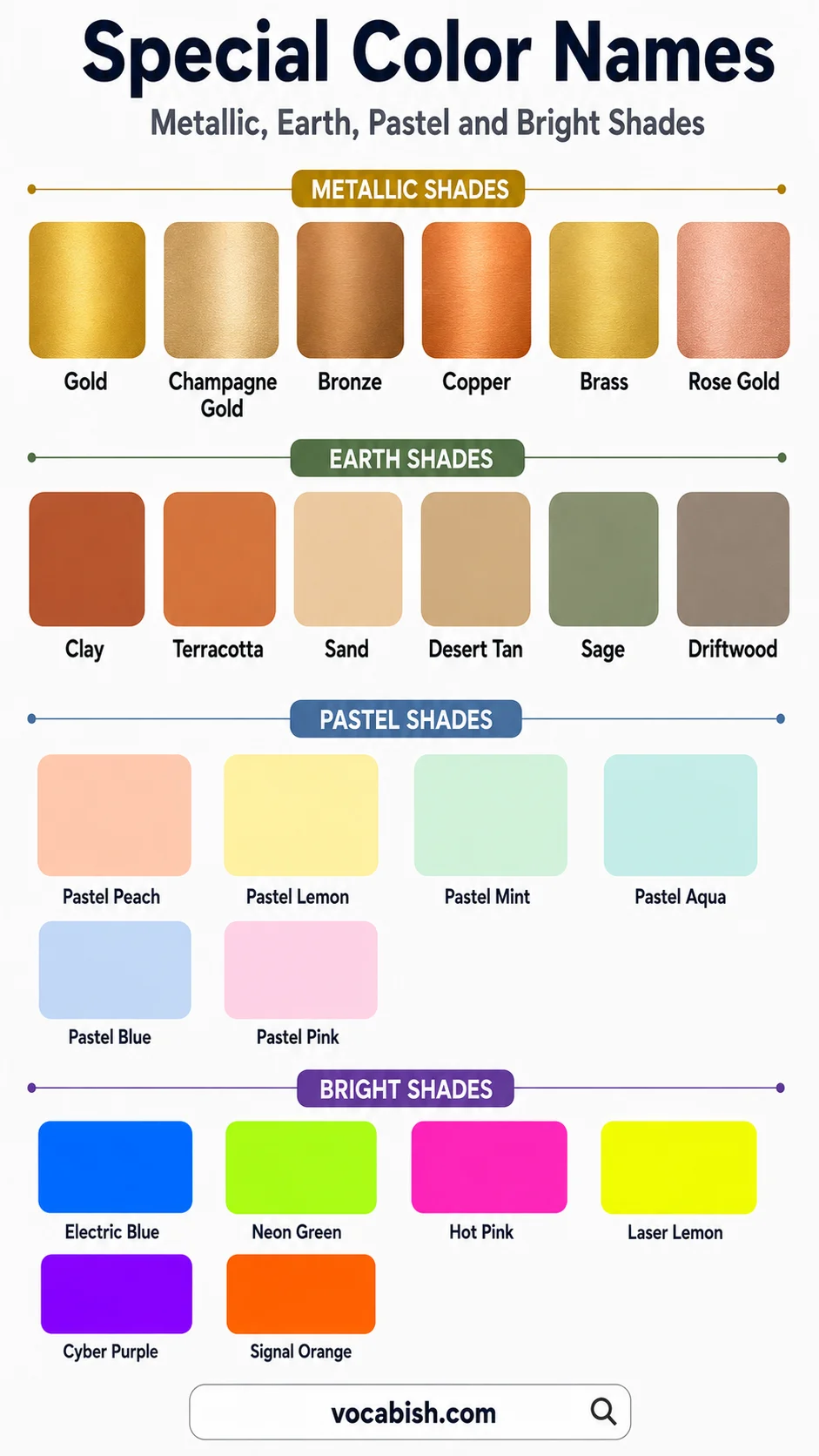 Special Color Names Palette Chart Includes: Metallic, earth, pastel, bright/neon families.