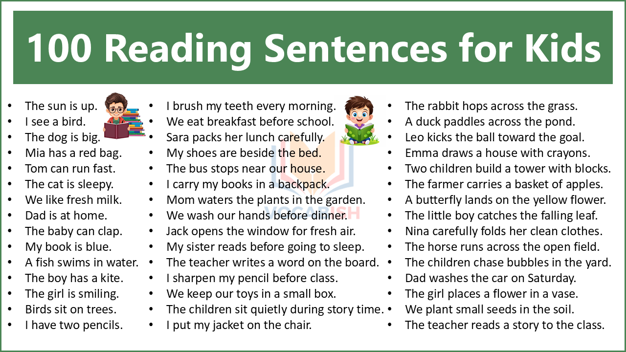100 Reading Sentences for Kids in English for Daily Practice