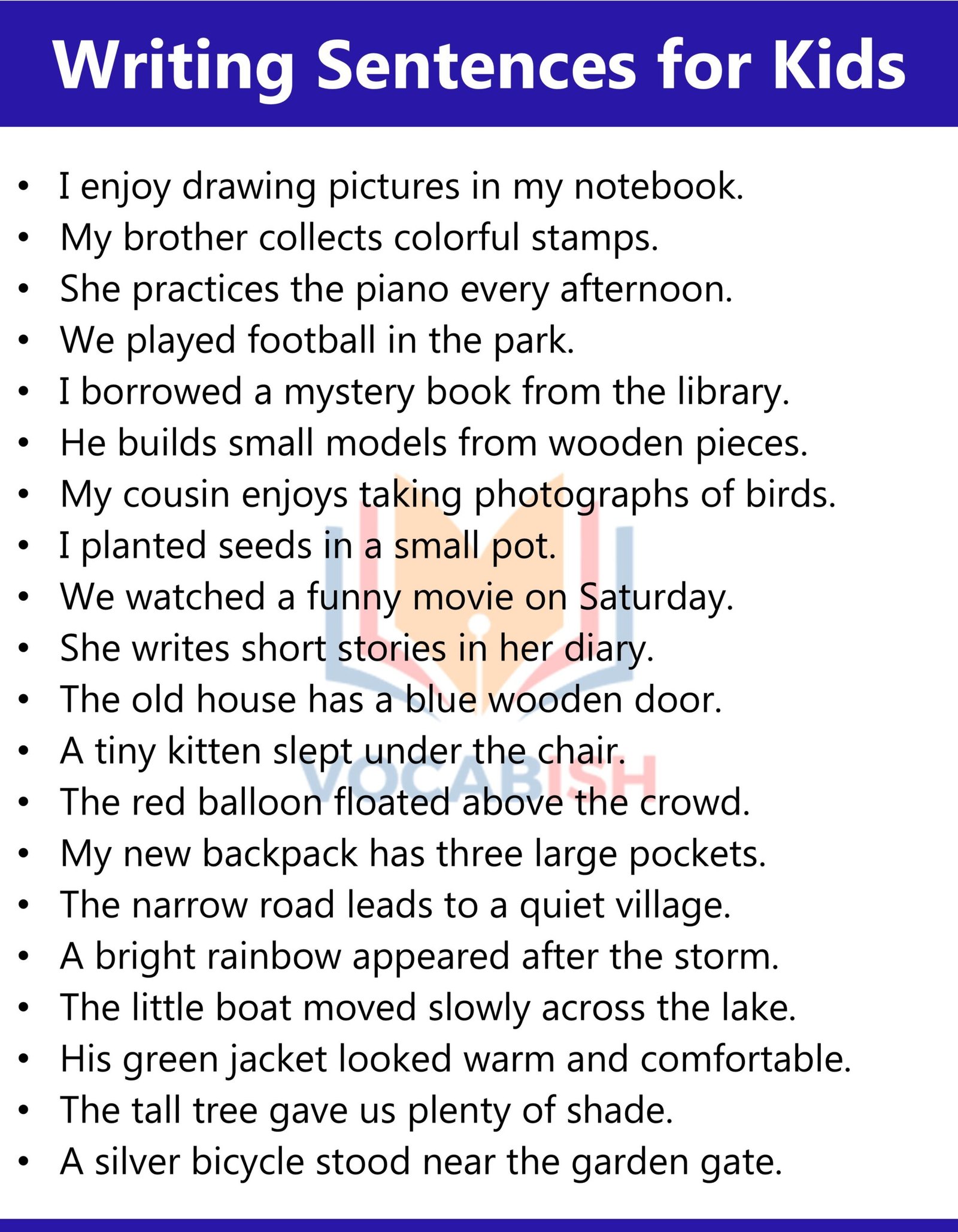 100 Writing Sentences for Kids in English: Practice Sentences
