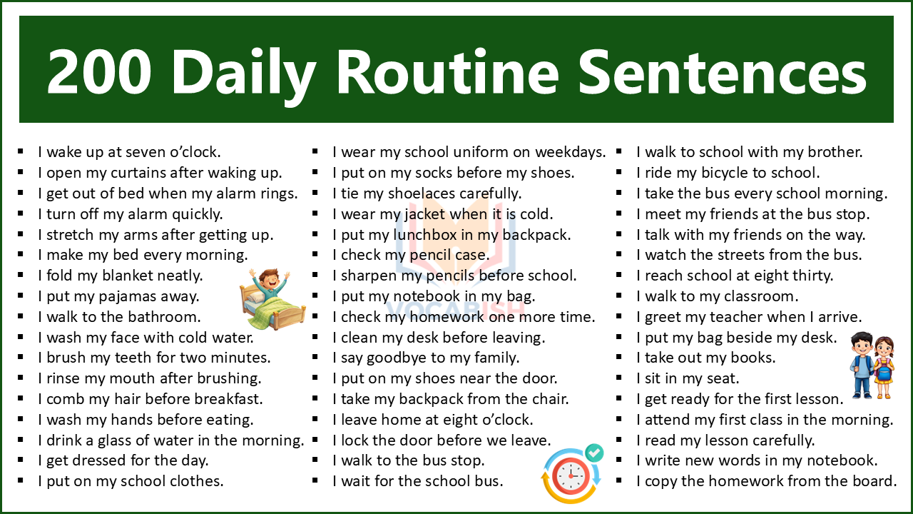 200 Daily Routine Sentences in English for Kids and Students