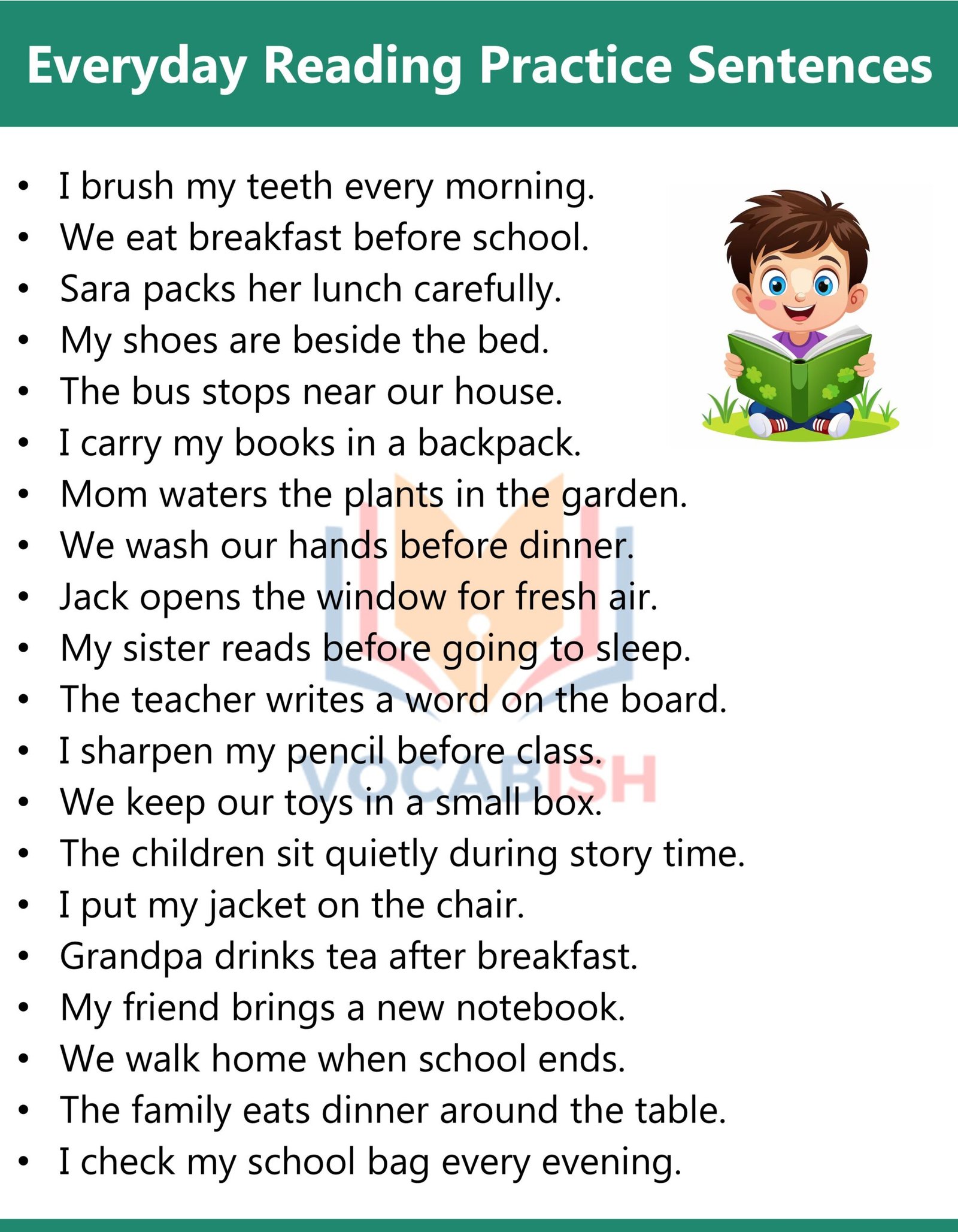 100 Reading Sentences for Kids in English for Daily Practice