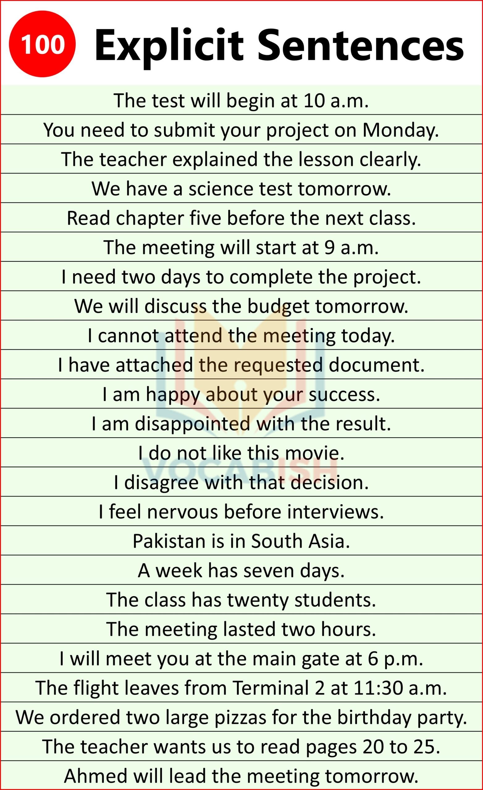 Examples of Explicit Sentences in English