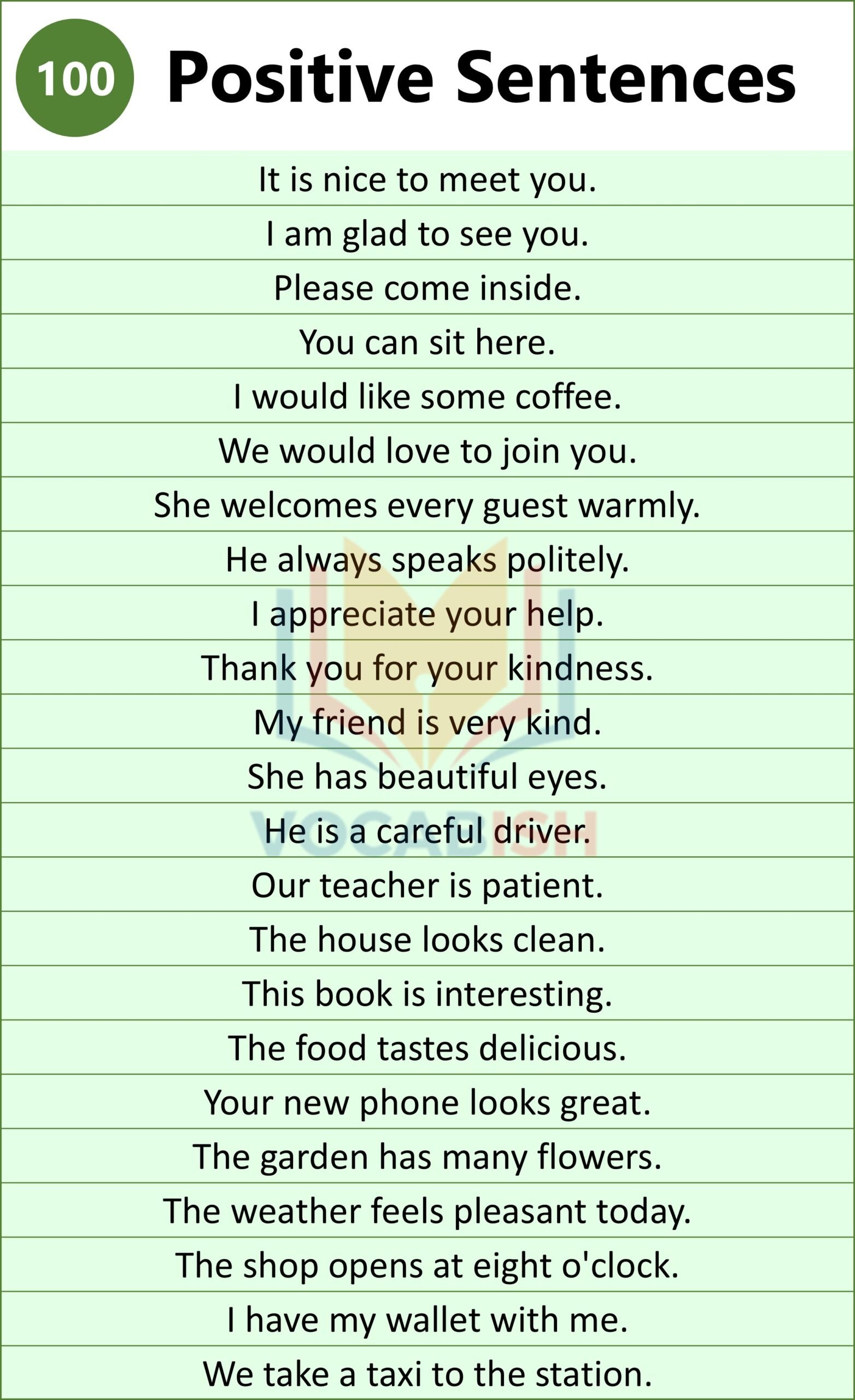 100 Examples of Positive/Affirmative Sentences in English