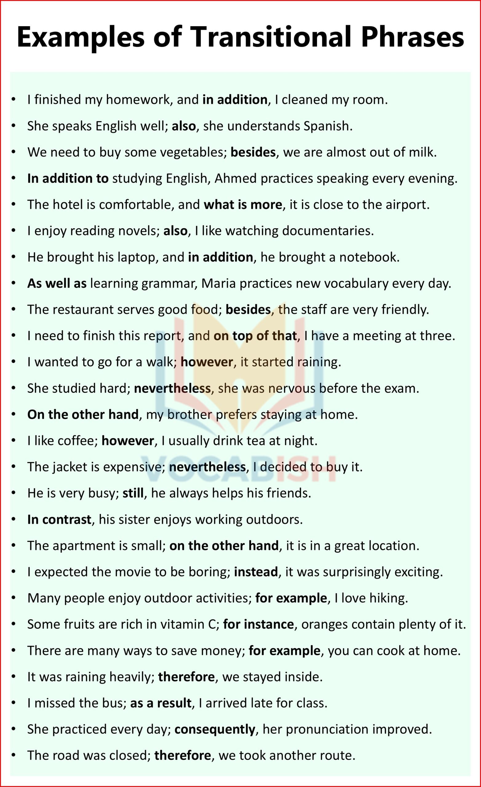 Examples of Transitional Phrases in Sentences