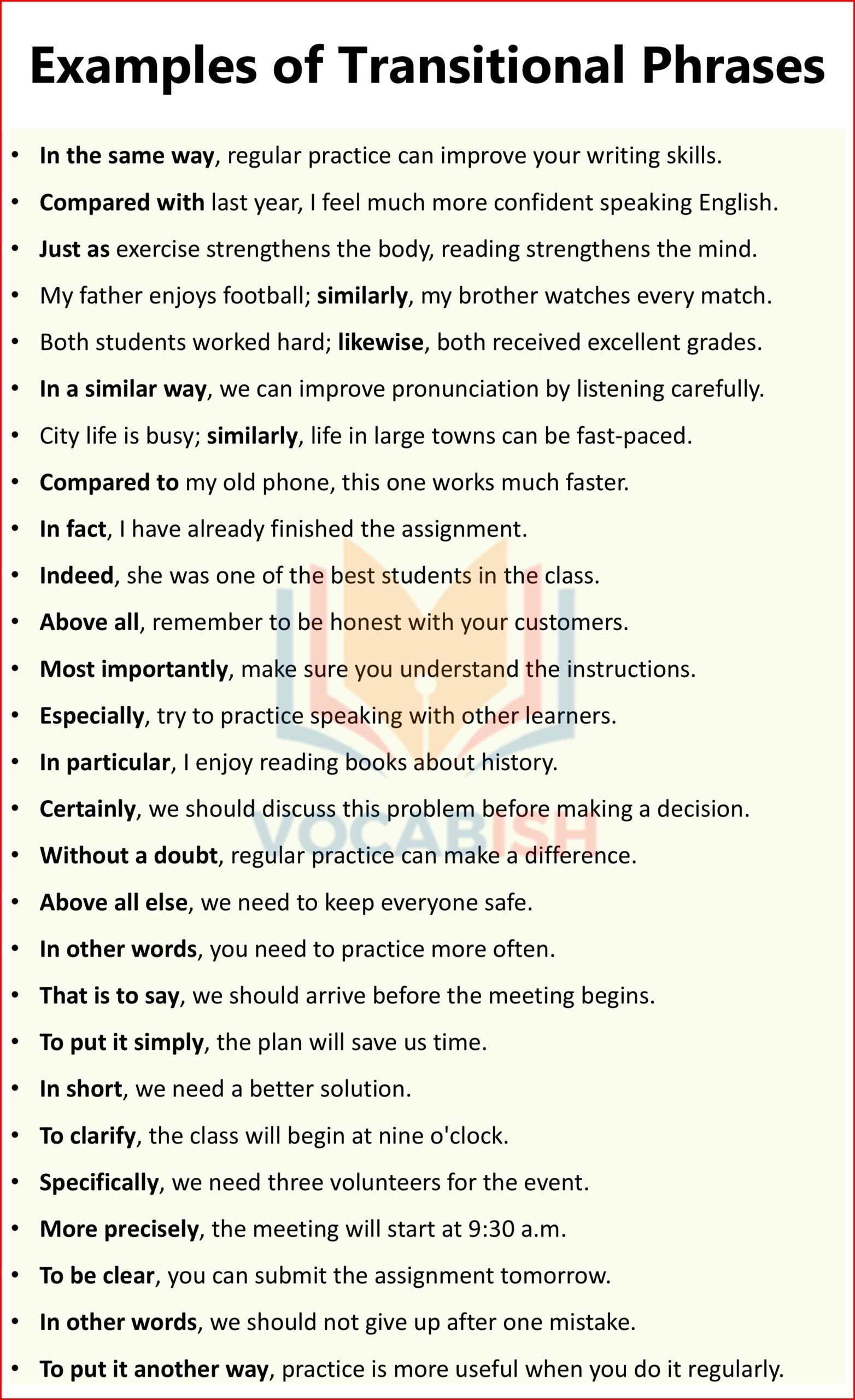 Examples of Transitional Phrases