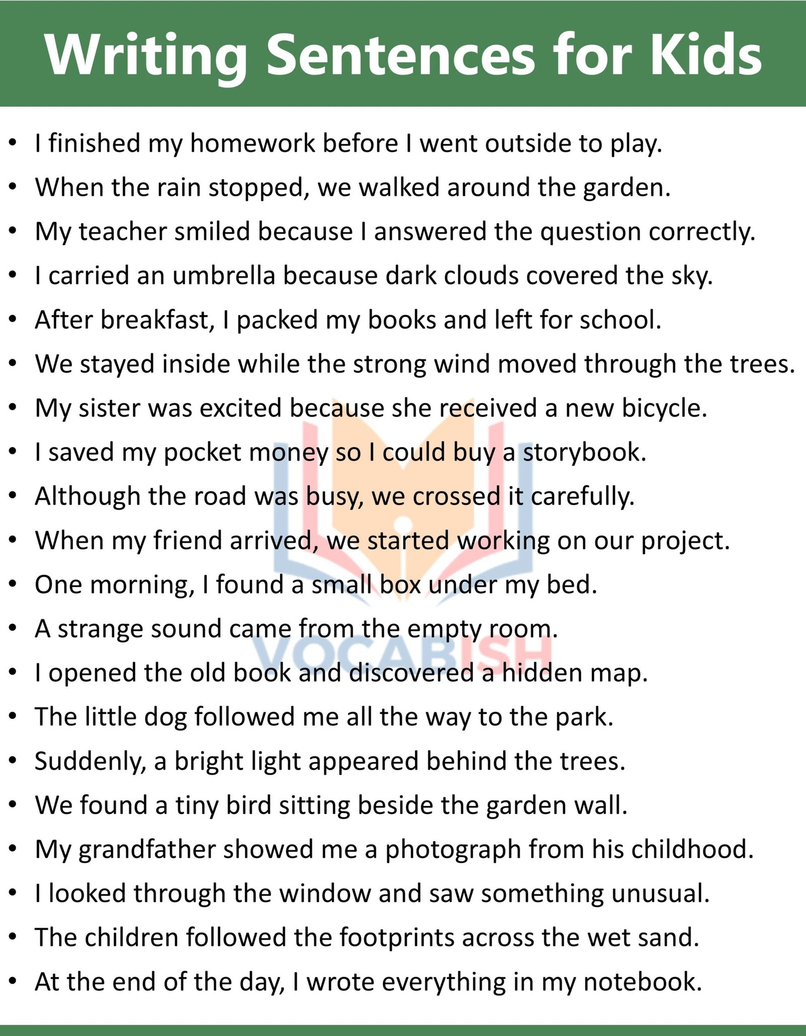 100 Writing Sentences for Kids in English: Practice Sentences