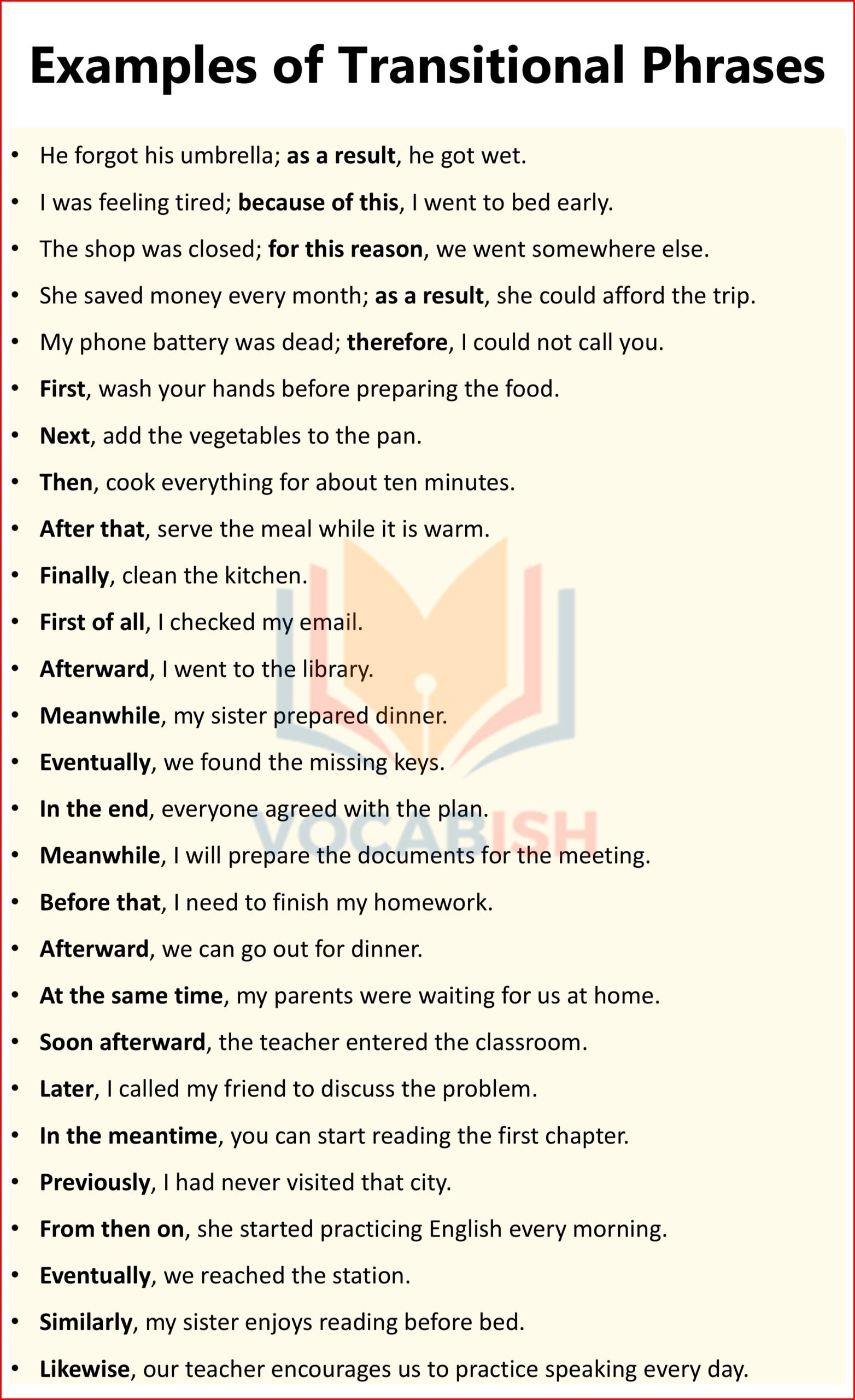 Transitional Phrases Examples Sentences