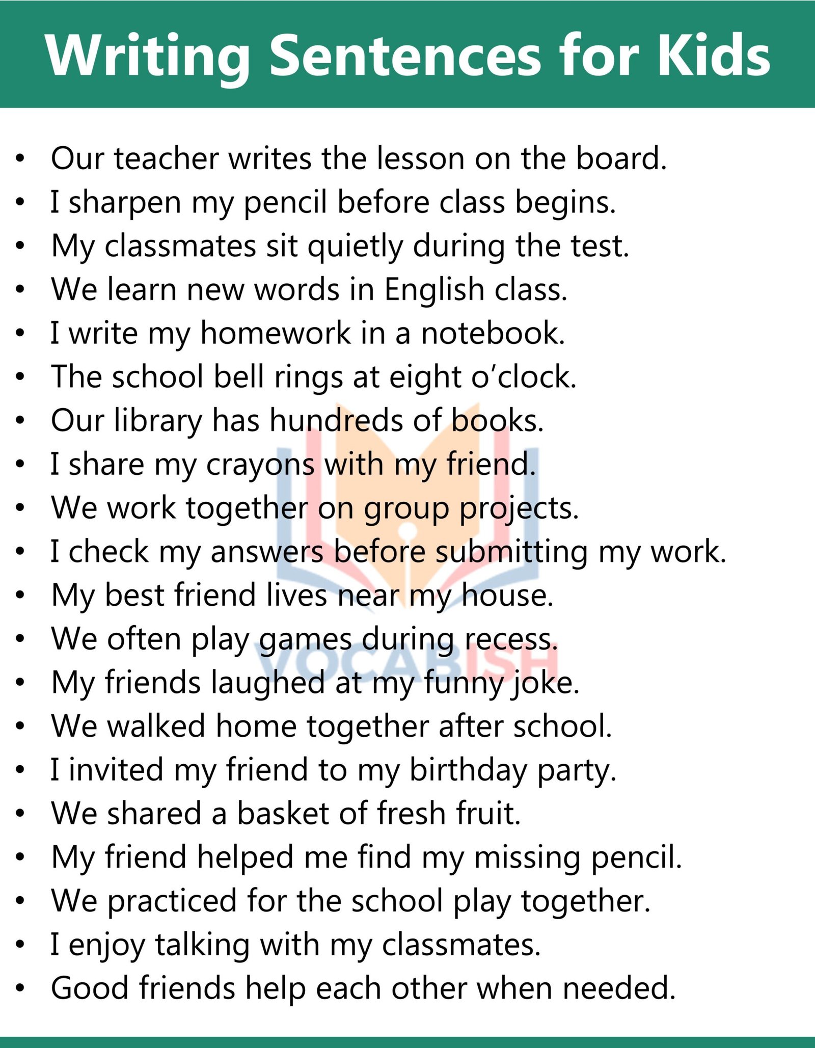 100 Writing Sentences for Kids in English: Practice Sentences