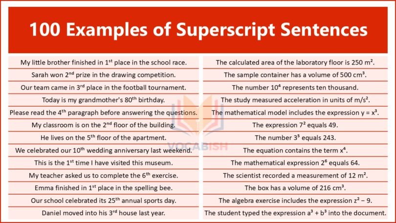 100 Examples of Superscript Sentences in English